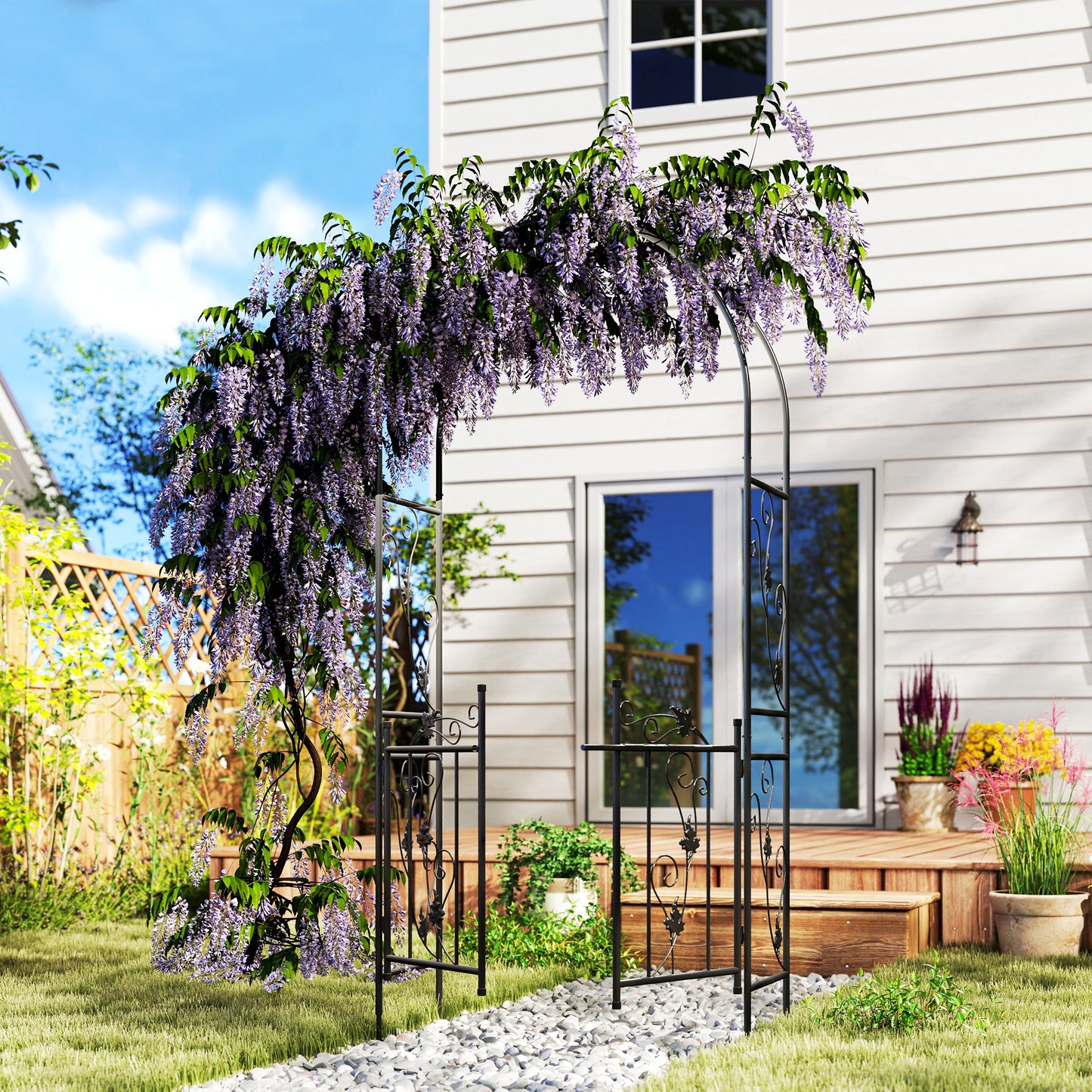 2.17m Steel Garden Arch with Gate, Wedding Arch for Outdoor, Garden