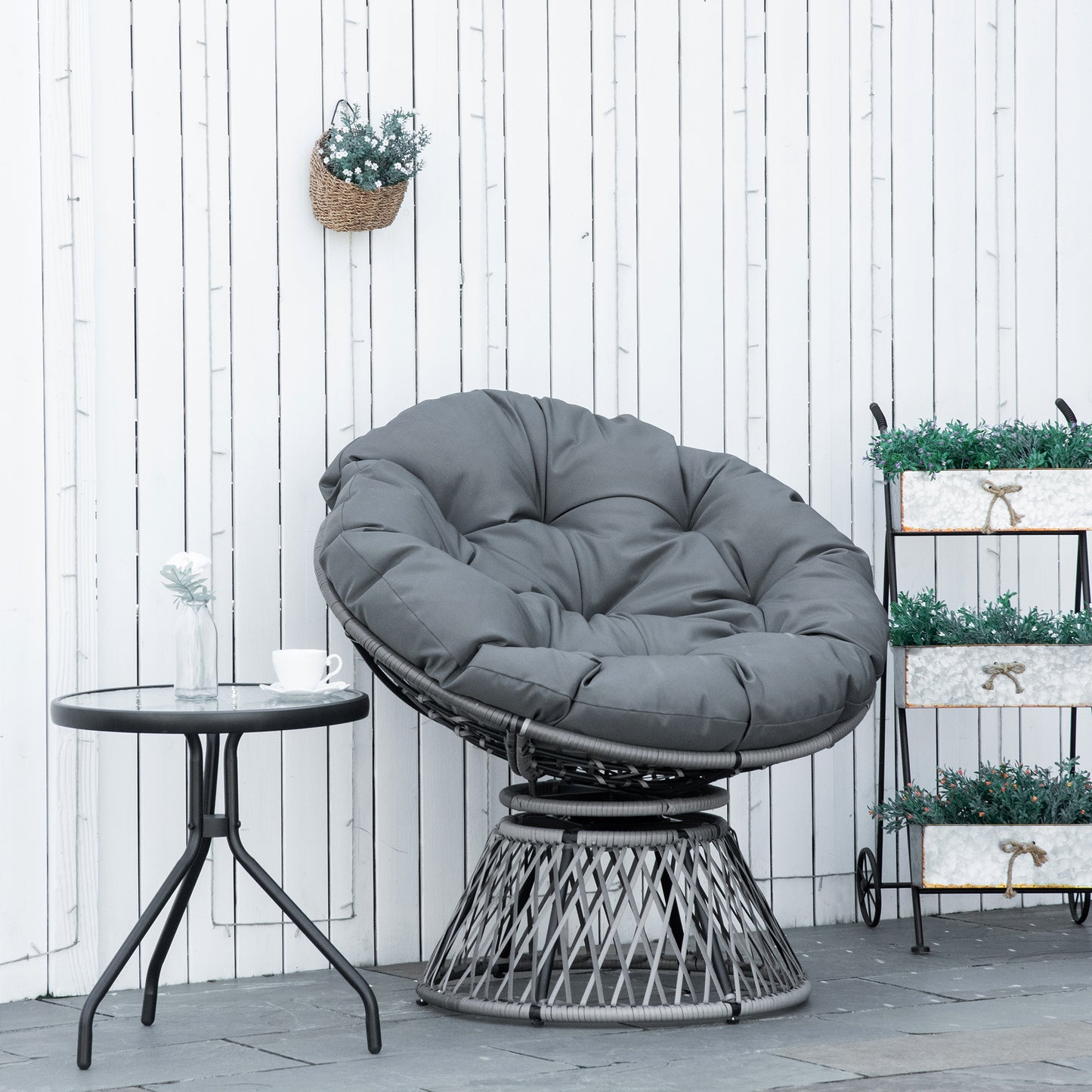 360° Swivel Rattan Papasan Moon Bowl Chair Round Lounge Garden