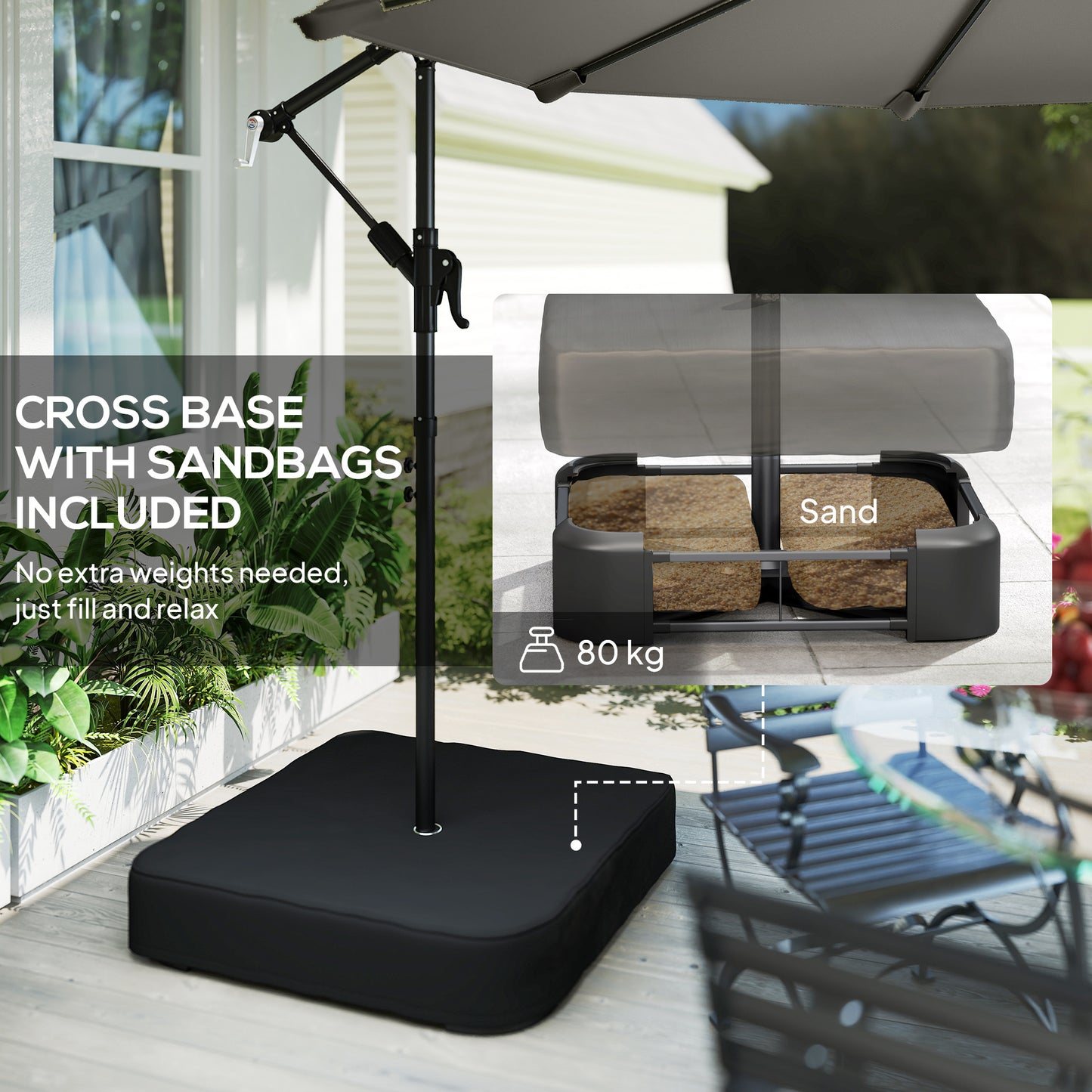 3 m Garden Cantilever Parasol with Cross Base, Sandbag