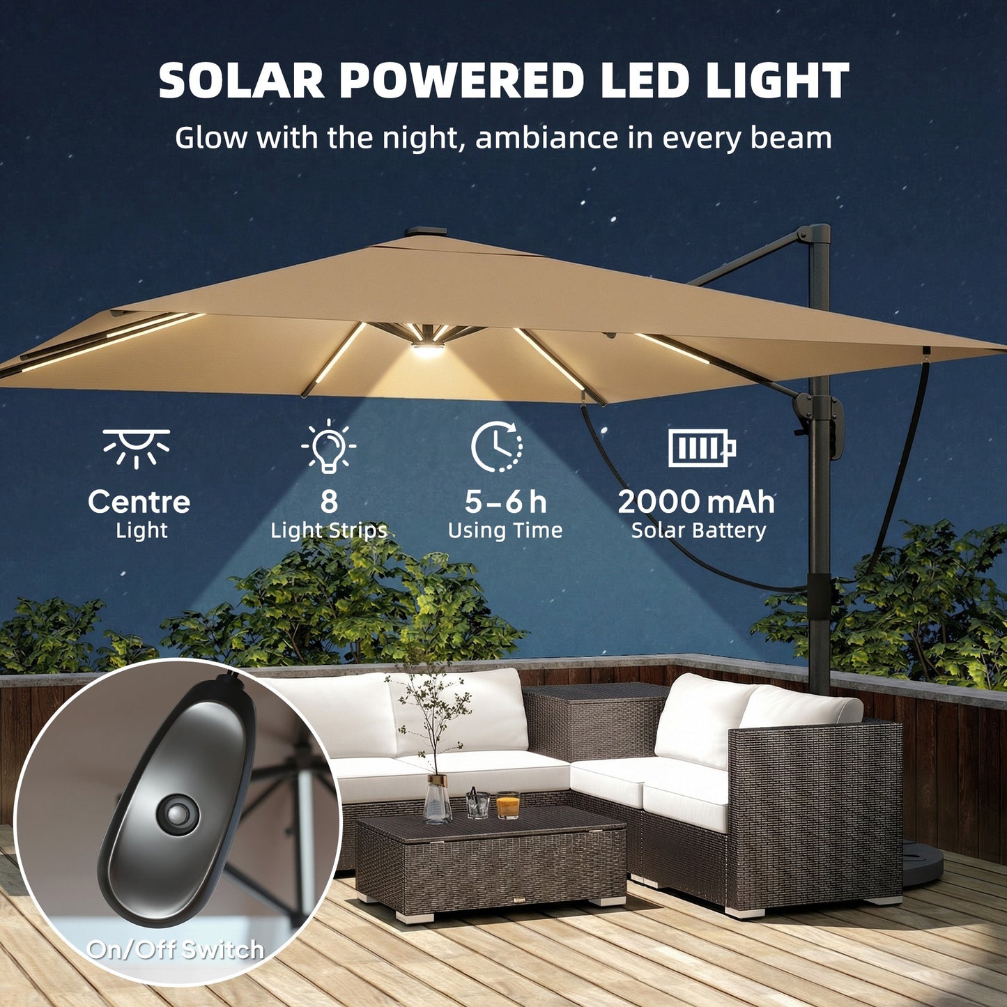 3 x 3 m Garden Cantilever Parasol with Light