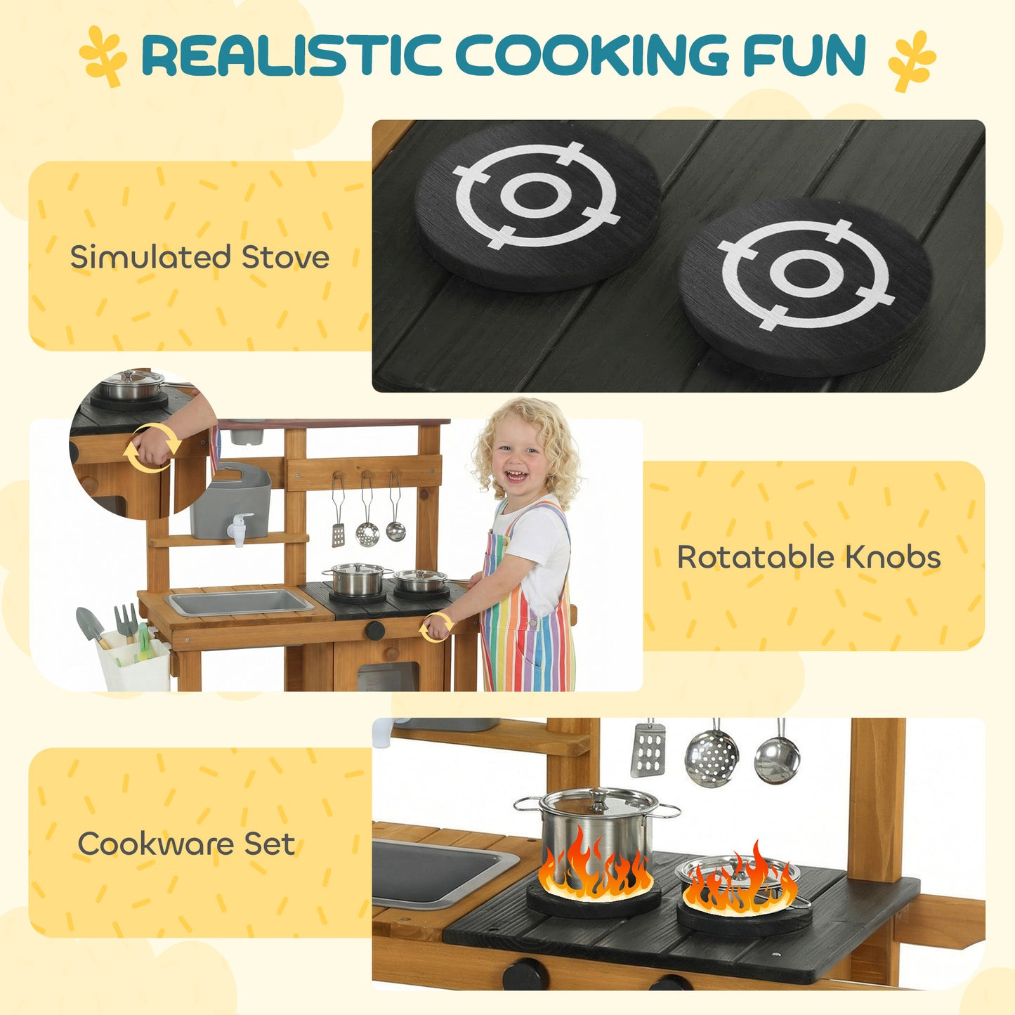 Wooden Mud Kitchen with Wheels, Stove, Faucet, Flower Pots