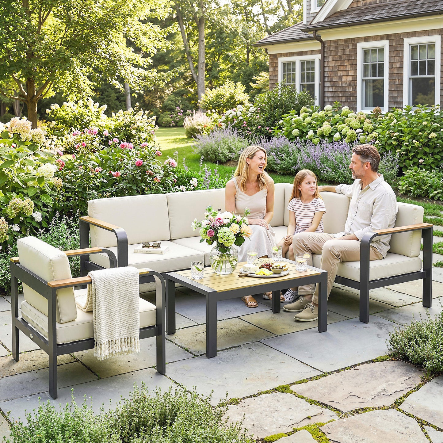3 Pieces Garden Furniture Set with L-Shaped Sofa
