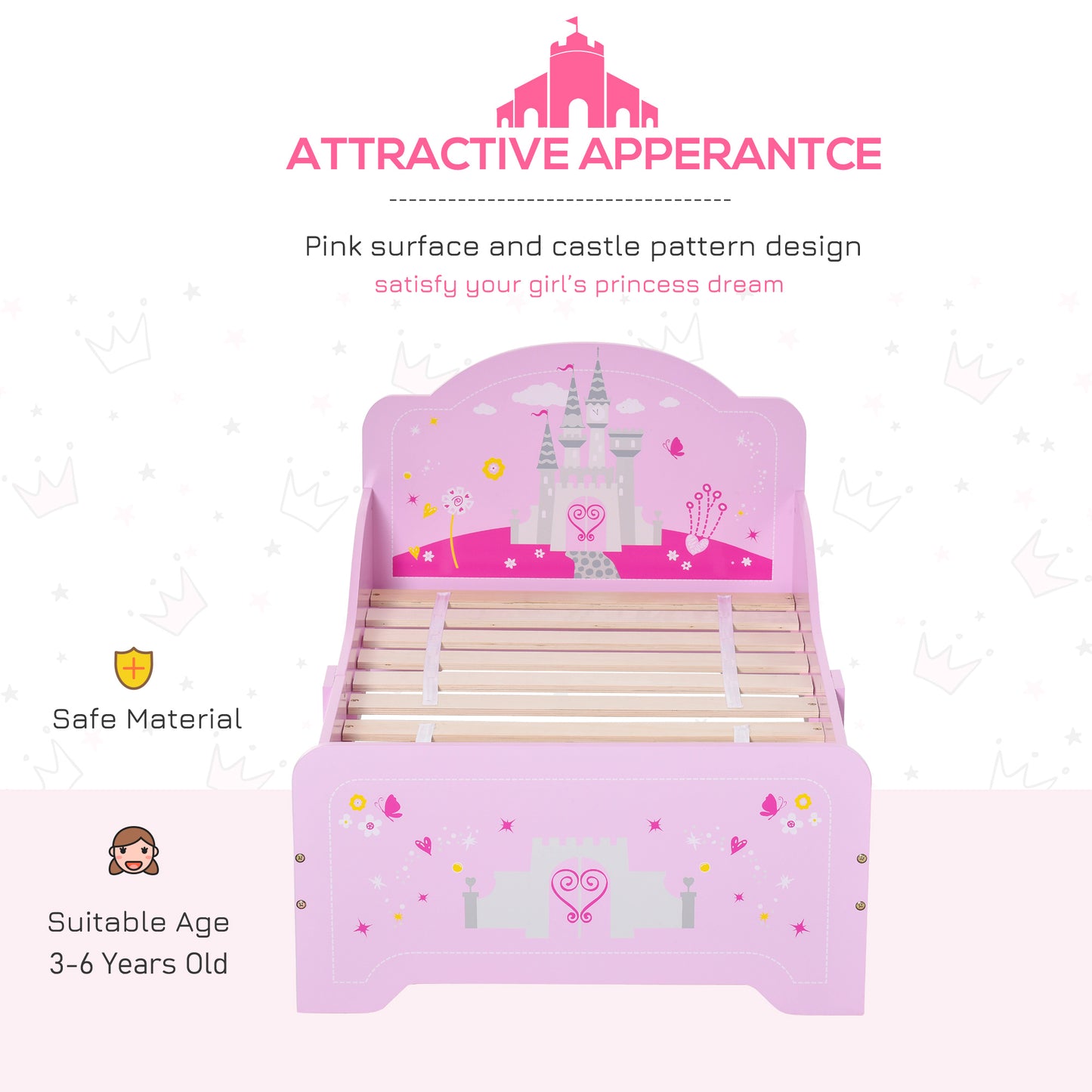 Kids Bed Princess Castle Theme w/ Side Rails Slats Home Furniture