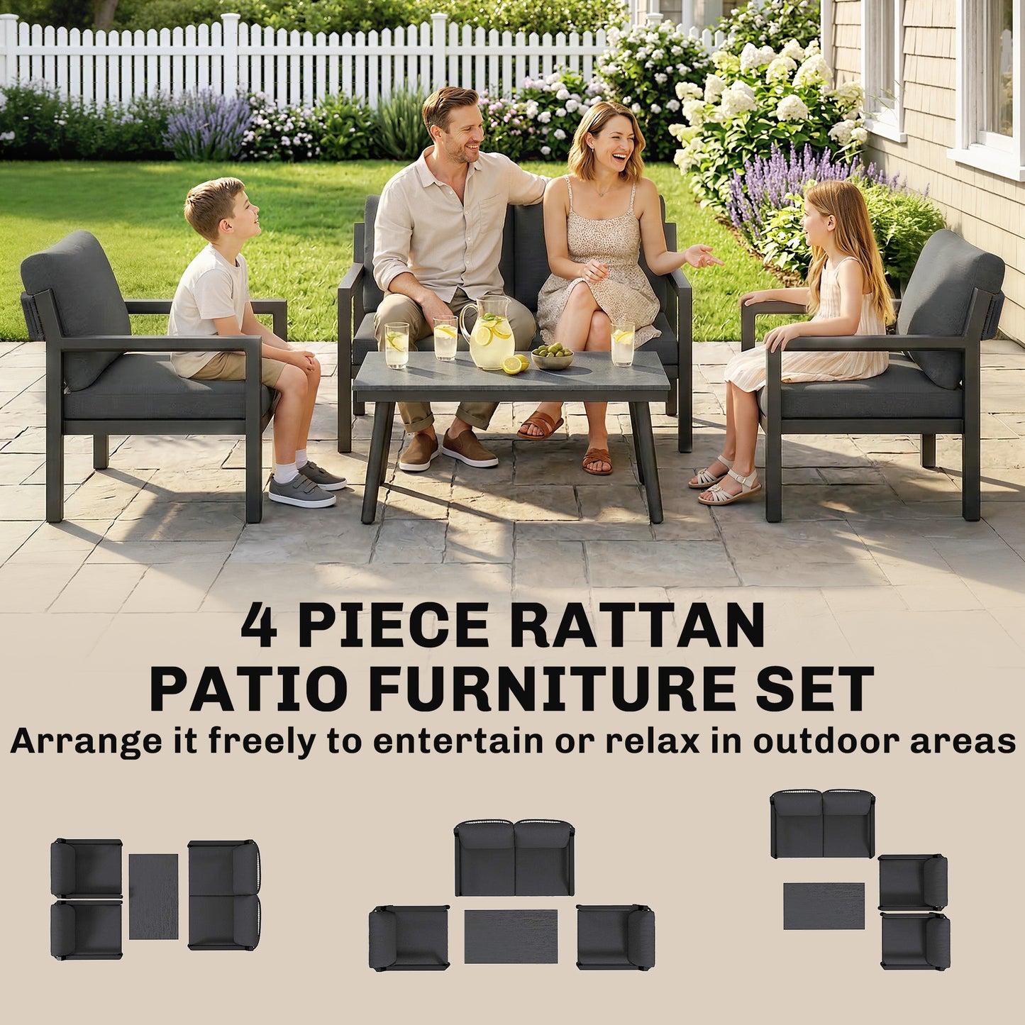 4 Seater Rattan Garden Furniture Set with 2 Armchairs, Loveseat (2)