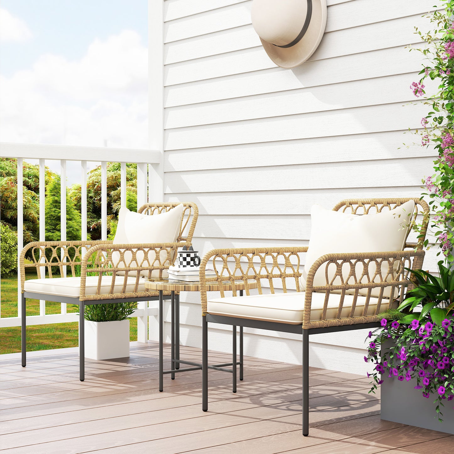 3 Piece Rattan Bistro Set, Wicker Garden Furniture Set with Cushions