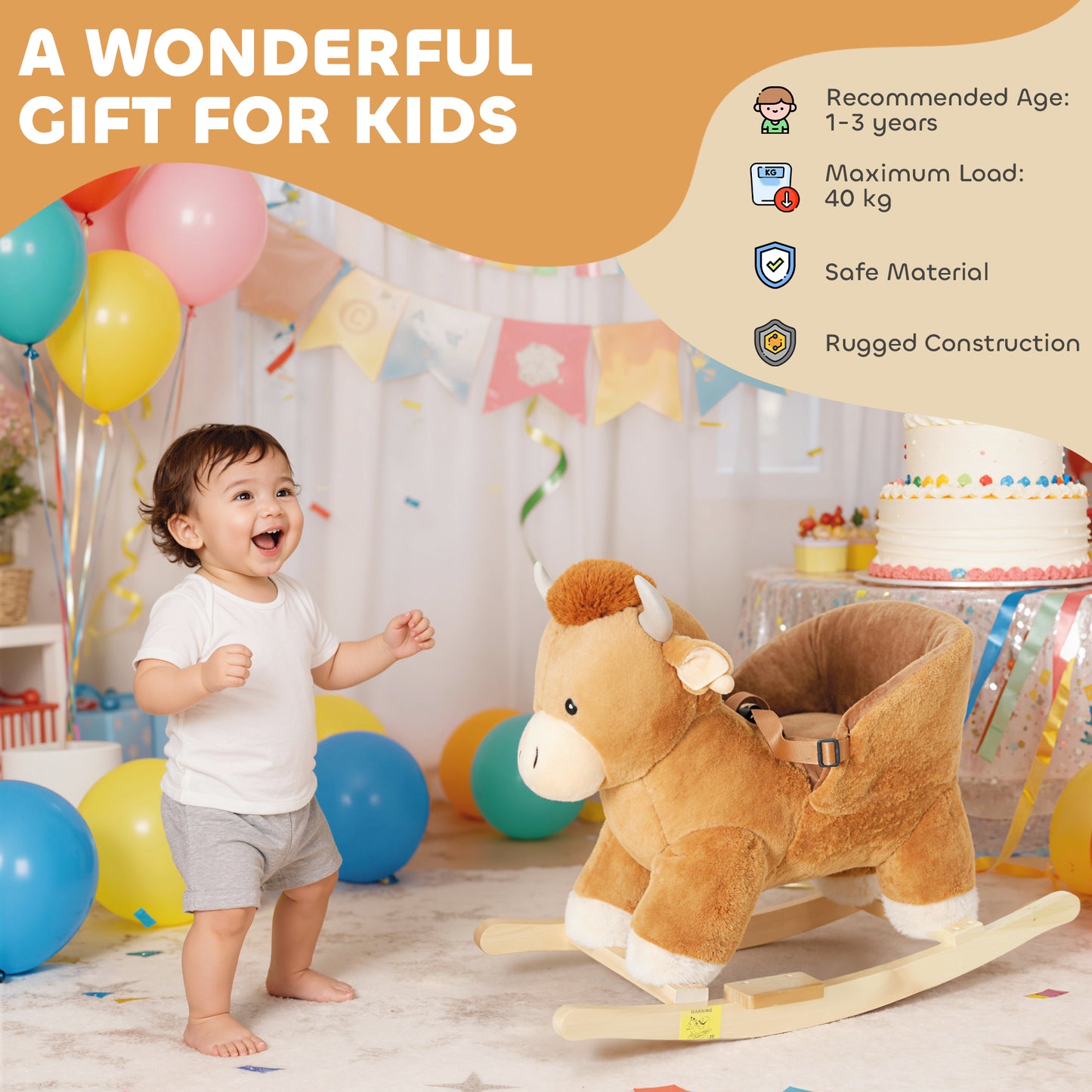 Baby Rocking Horse with Safety Belt, Wood Base