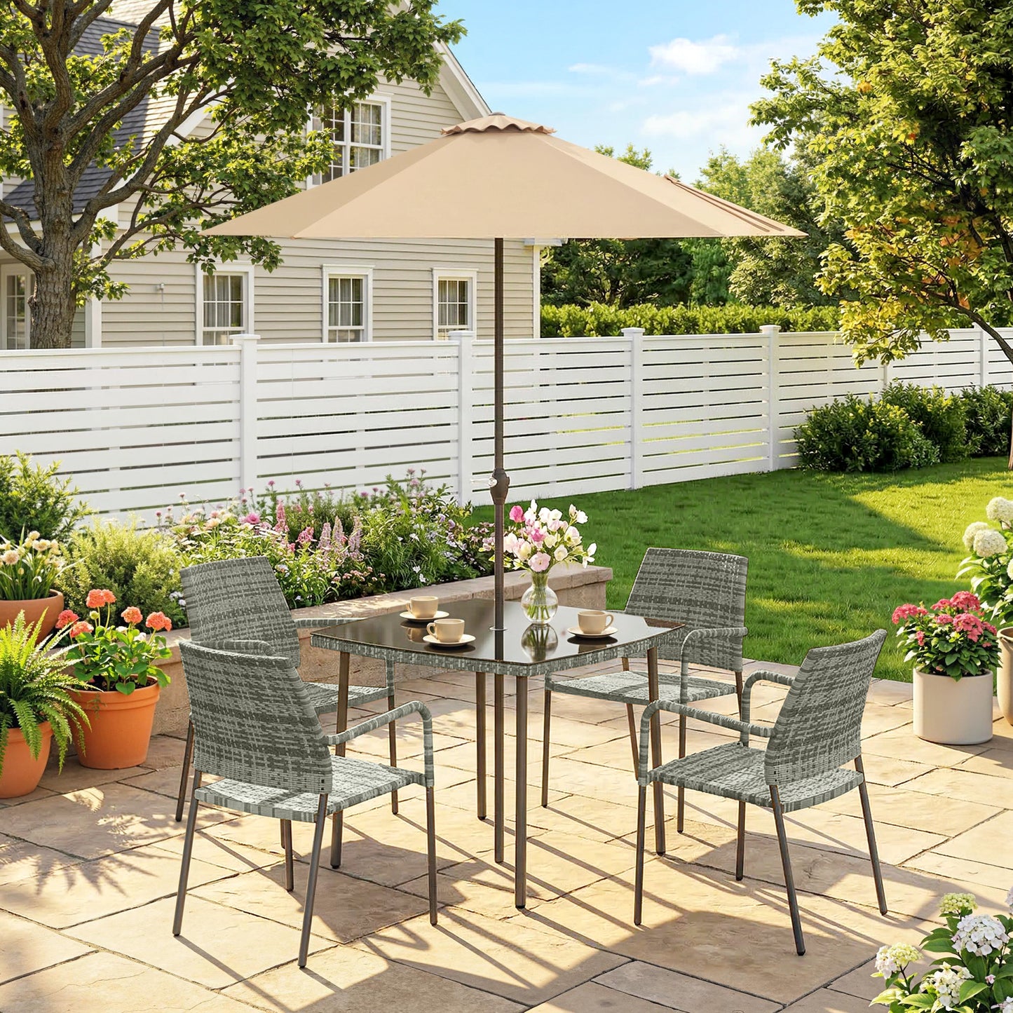 4 Seater Rattan Dining Set with Parasol