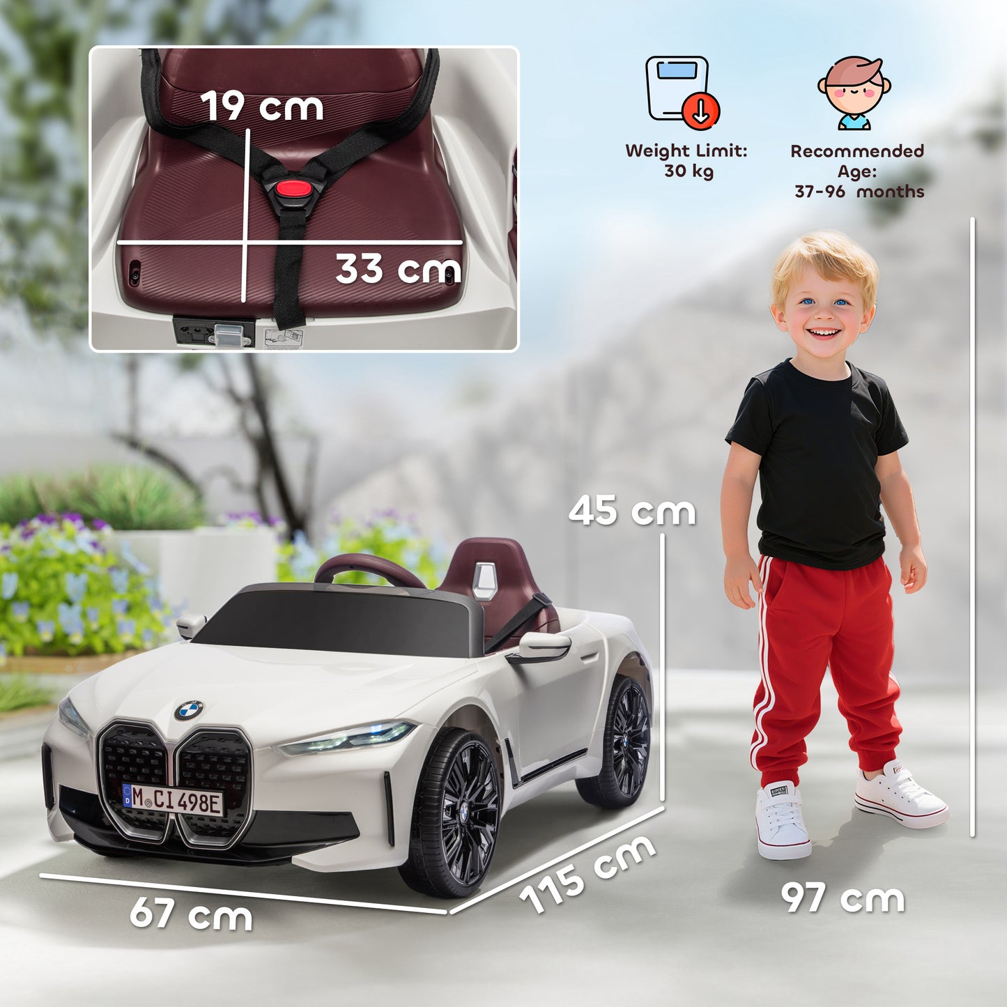 BMW i4 Licensed 12V Kids Electric Ride-On Car, White, Red and
