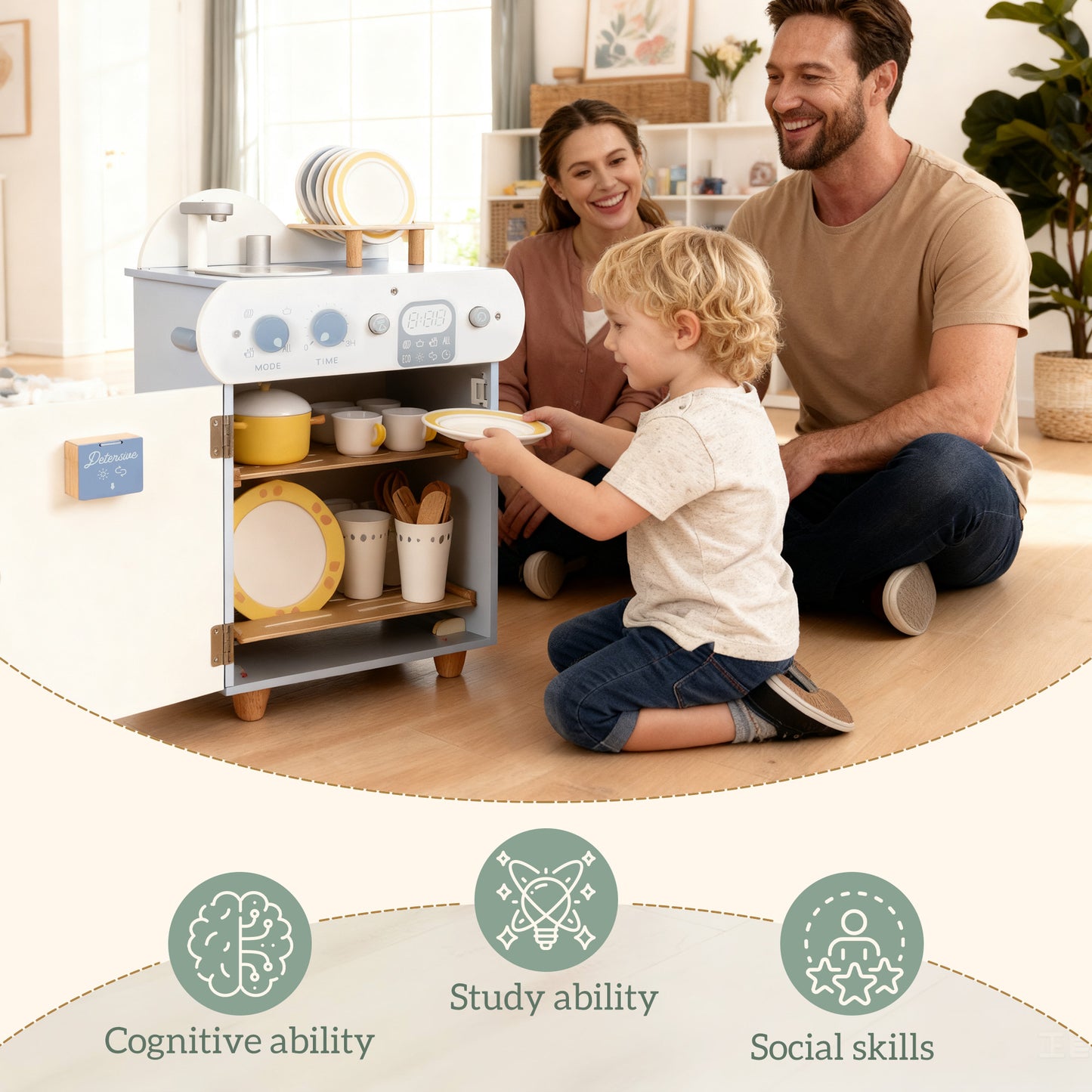 Wooden Dishwasher Playset, Kitchen Sink Toys with Faucet