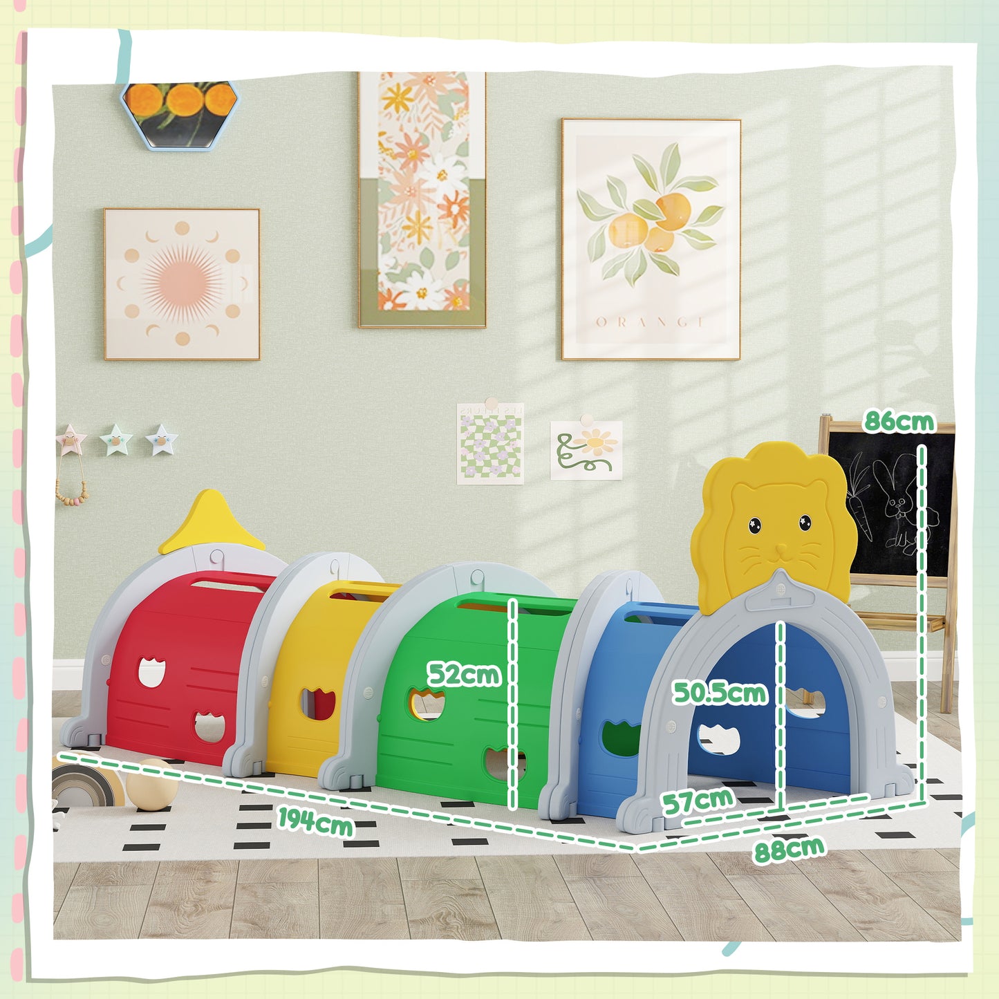 Kids Play Tunnel with Lion Design for 3-6 Years, Crawling, Climbing