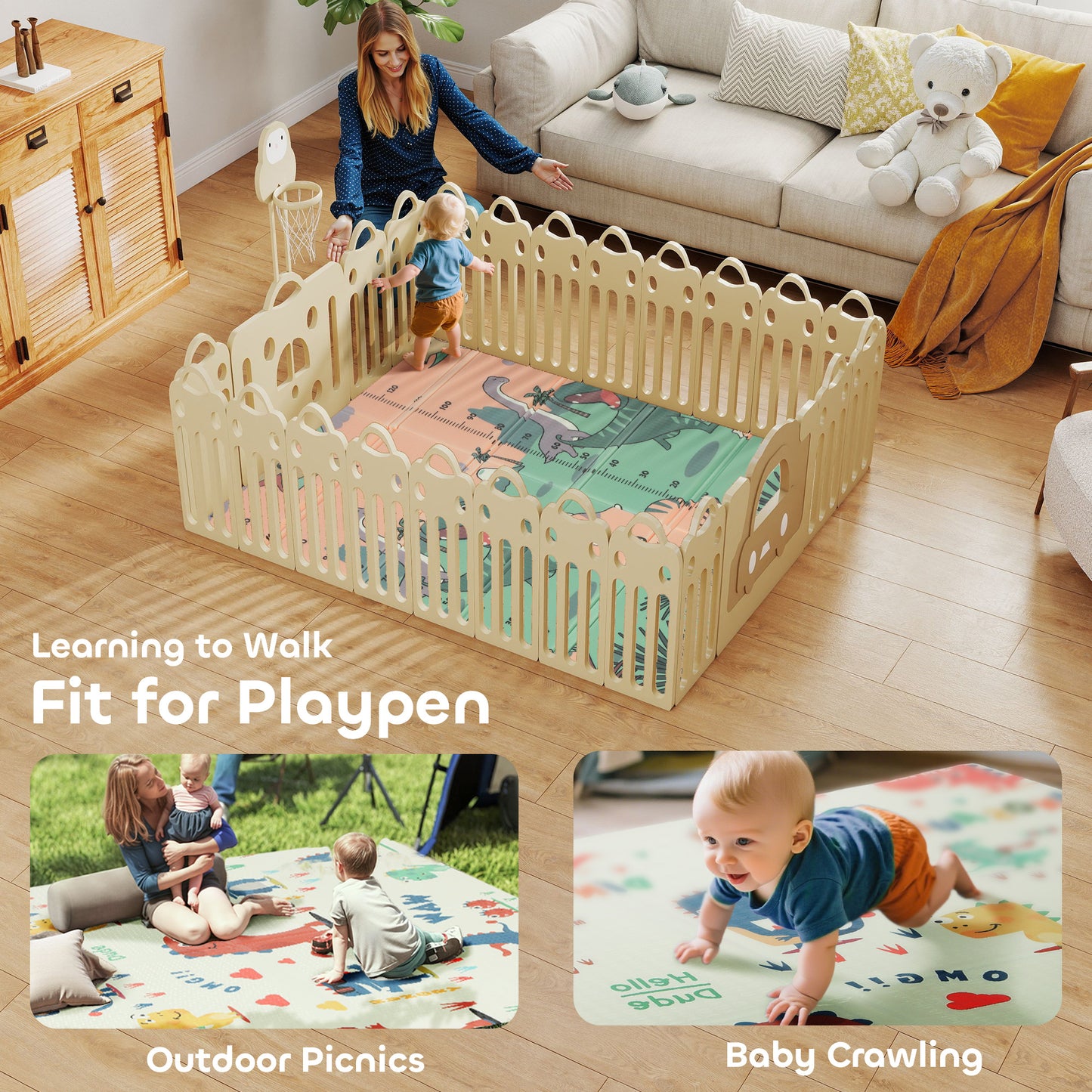 Dinosaur-Themed Baby Plat Mat Double Sided, Foldable