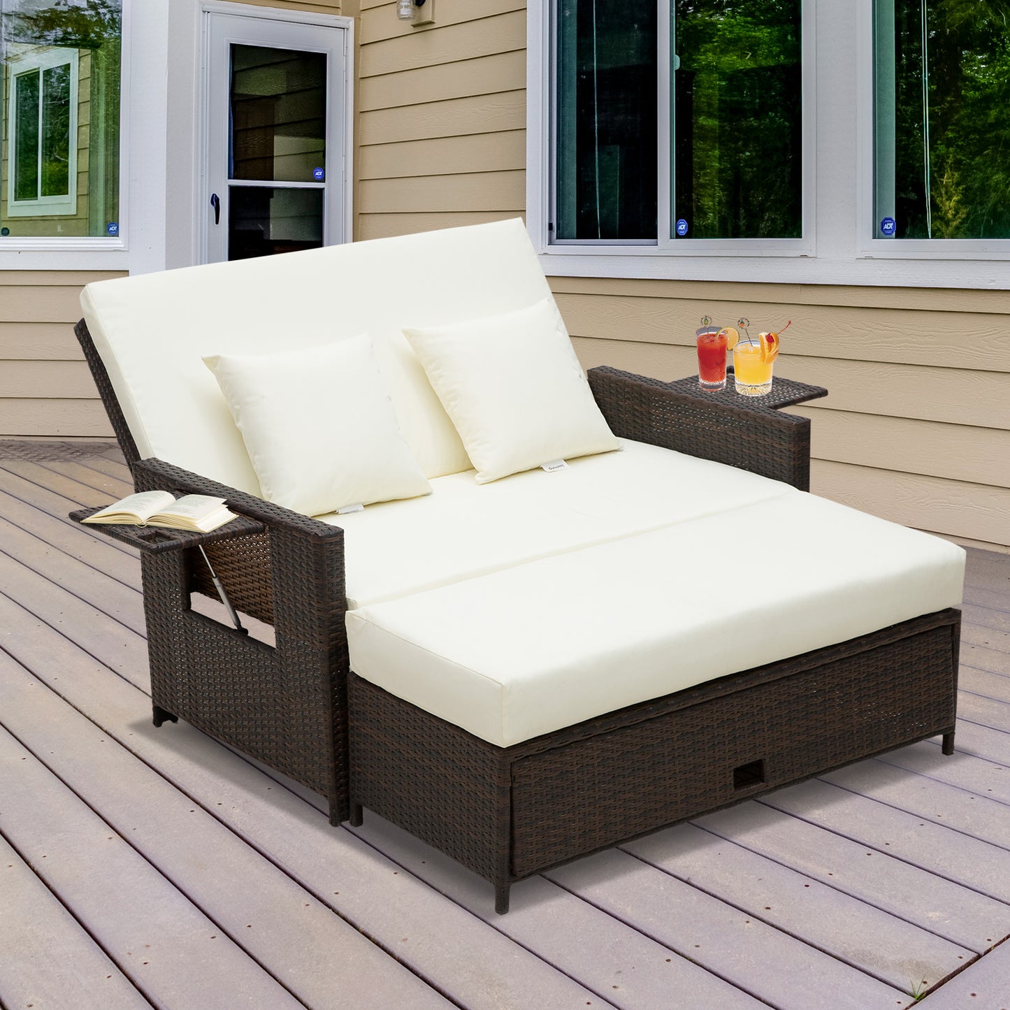 Rattan Sun Lounger 2 Seater Day Bed with Cushions