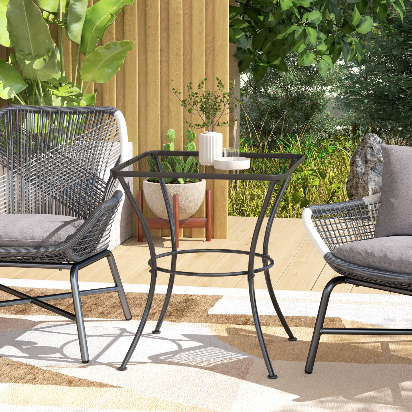 60cm Square Garden Table, Outdoor Metal Bistro Side Desk with Mesh Top