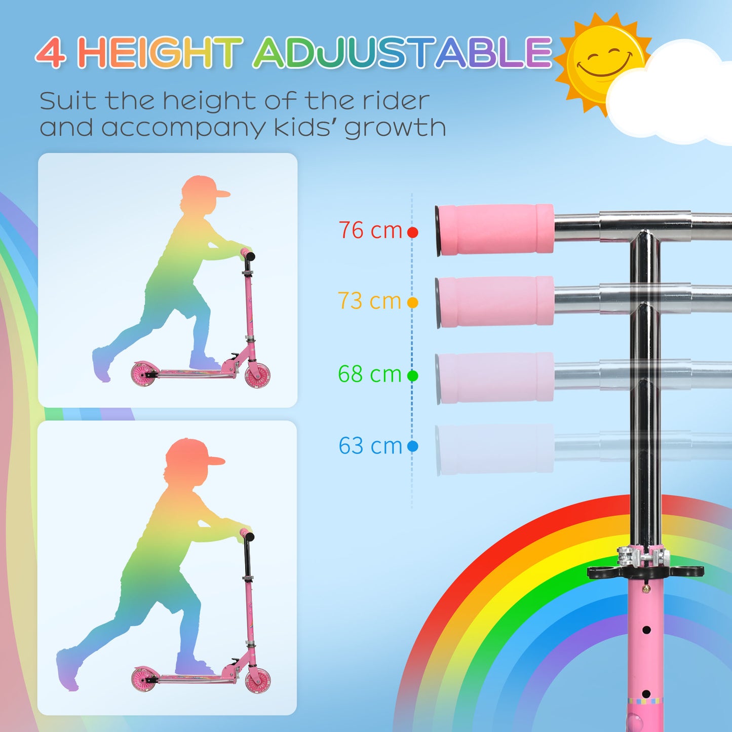 Kids Scooter, with Lights, Music, Adjustable Height, Foldable Frame
