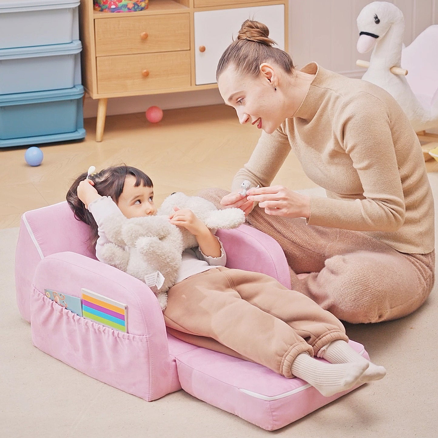 2-in-1 Kids Armchair, Toddler Sofa Bed, with Wood Frame, for Bedroom