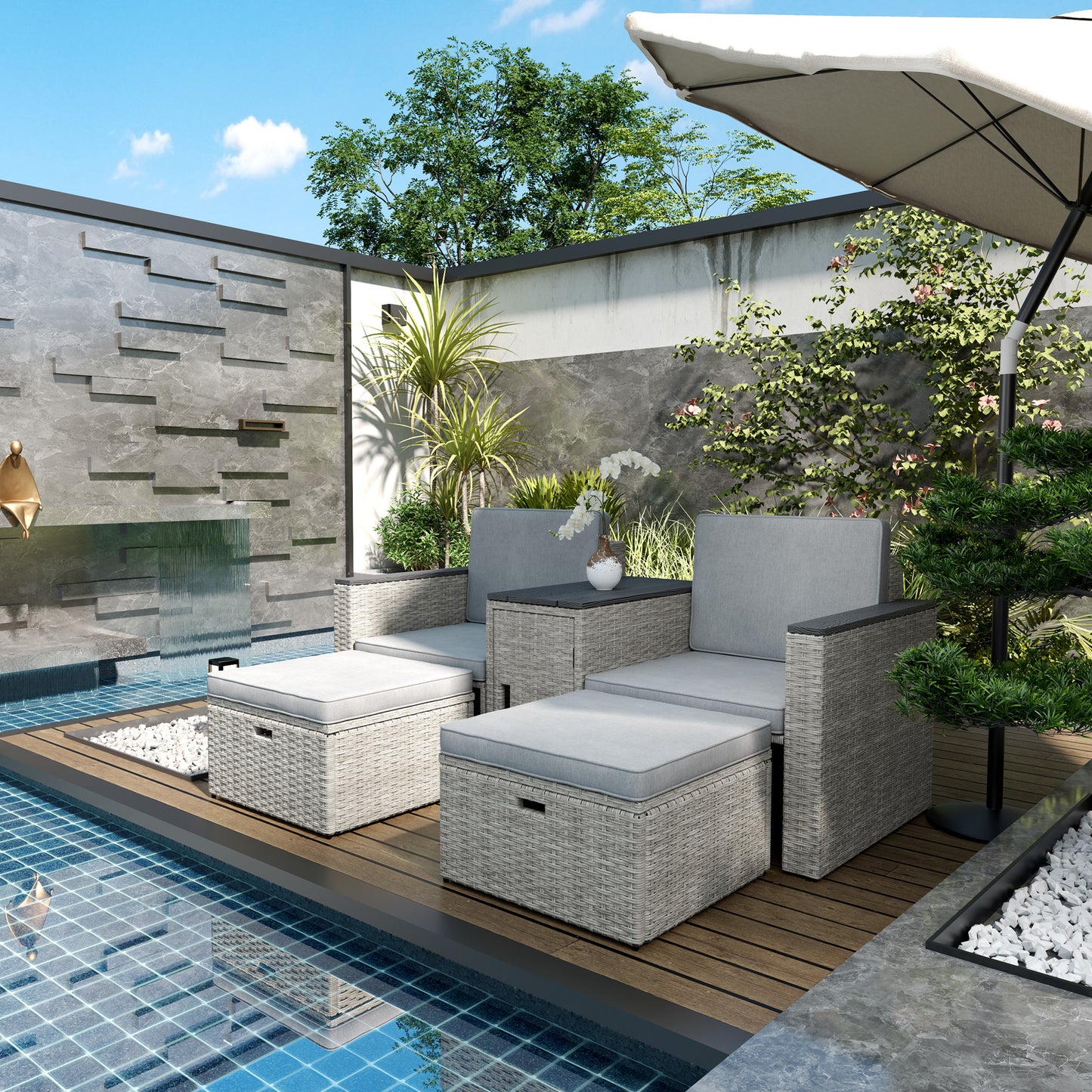 5 Piece Rattan Garden Furniture Set with Storage Table, Footstools