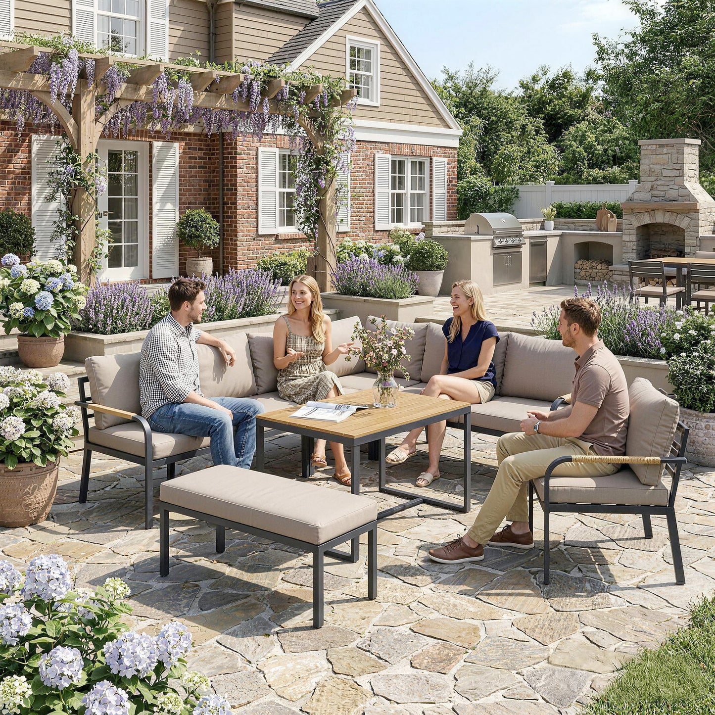 7 Seater Garden Furniture Set, Metal Garden Sofa Set with Cushions