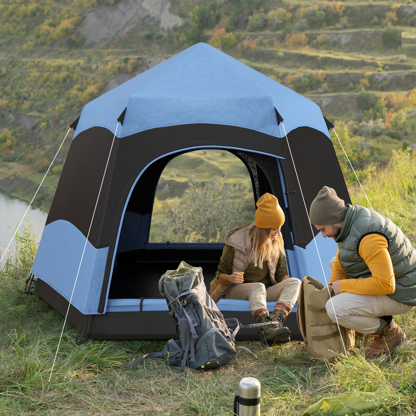 Six Man Hexagon Camping Tent with Hang Hook and Carry Bag - Blue and