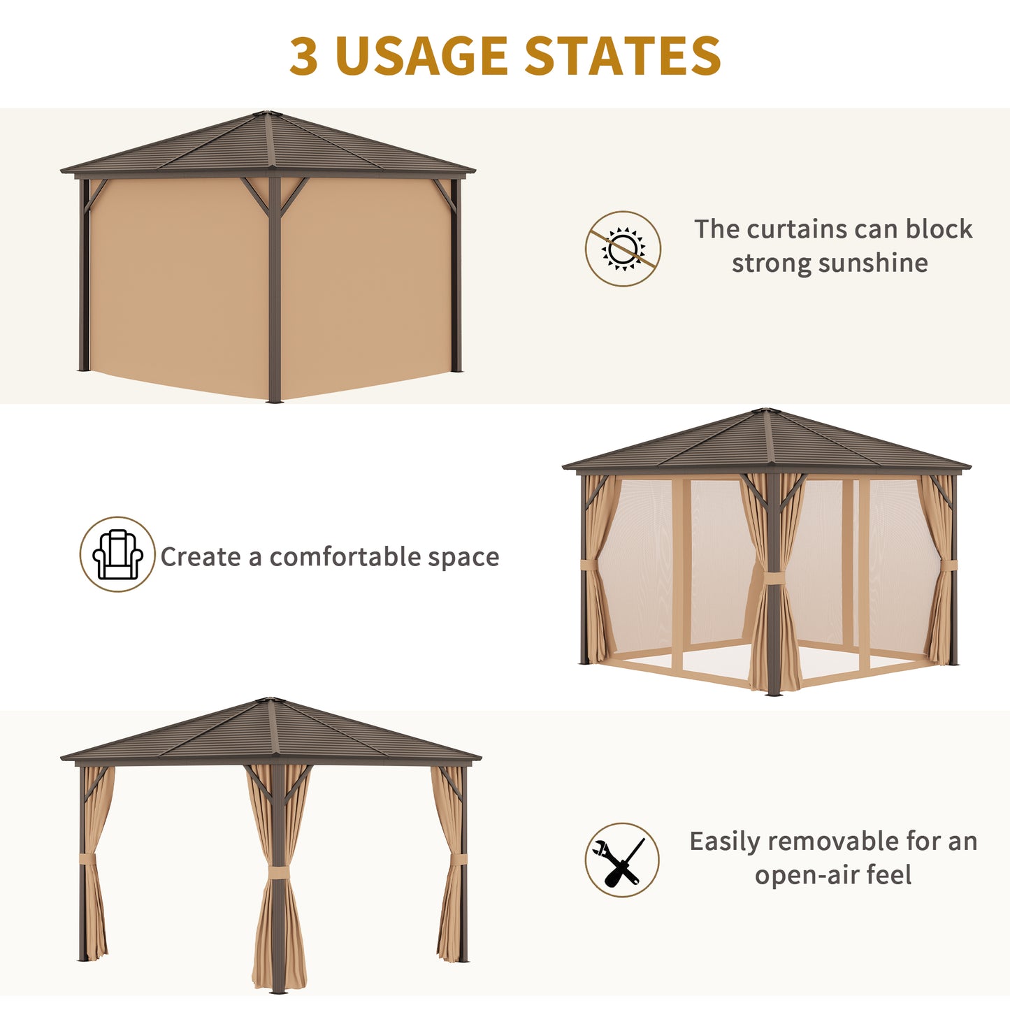3 x 3(m) Metal Hardtop Gazebo, with Curtains and Accessories