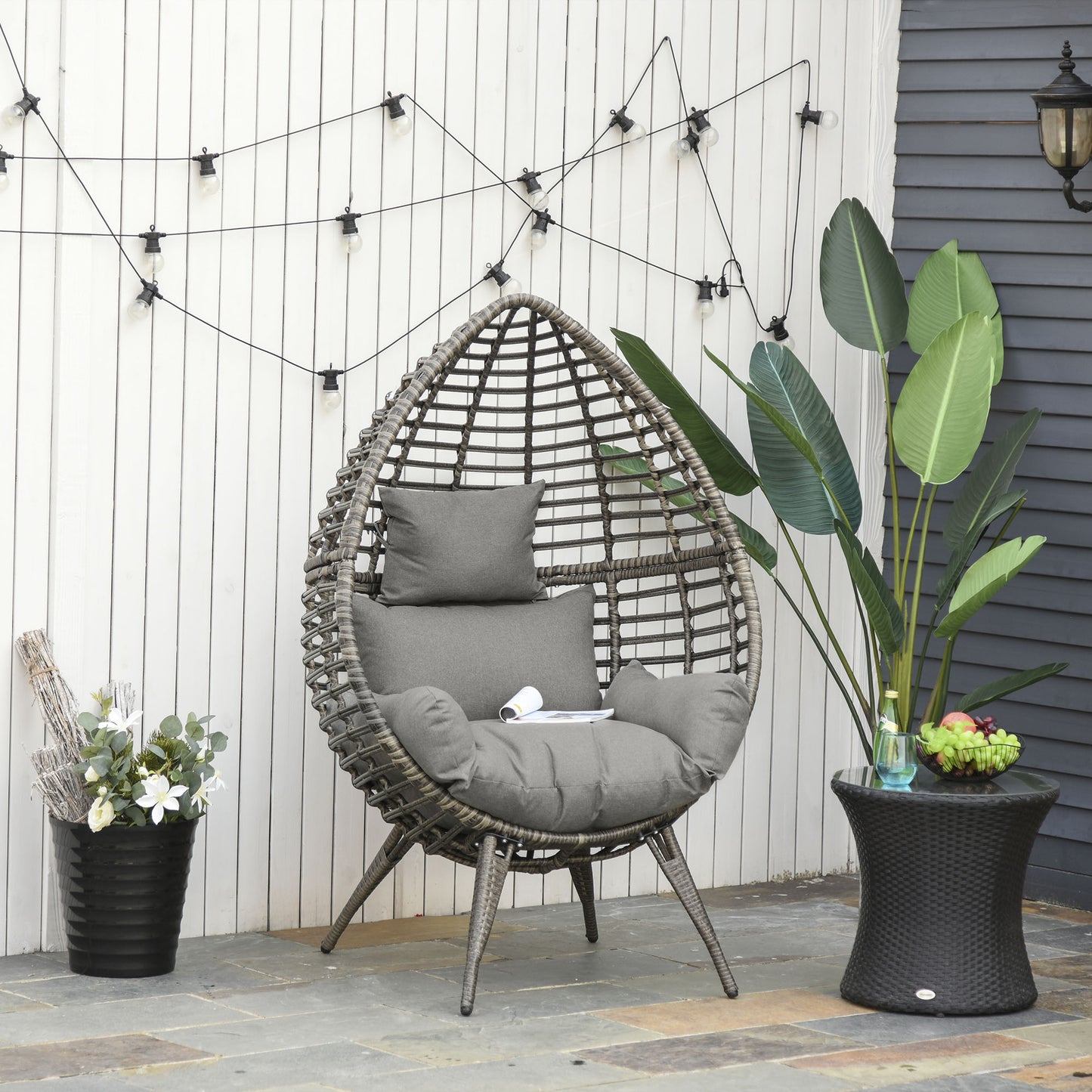 Teardop PE Wicker Rattan Chair w/ Thick Cushions 4 Legs Outdoor