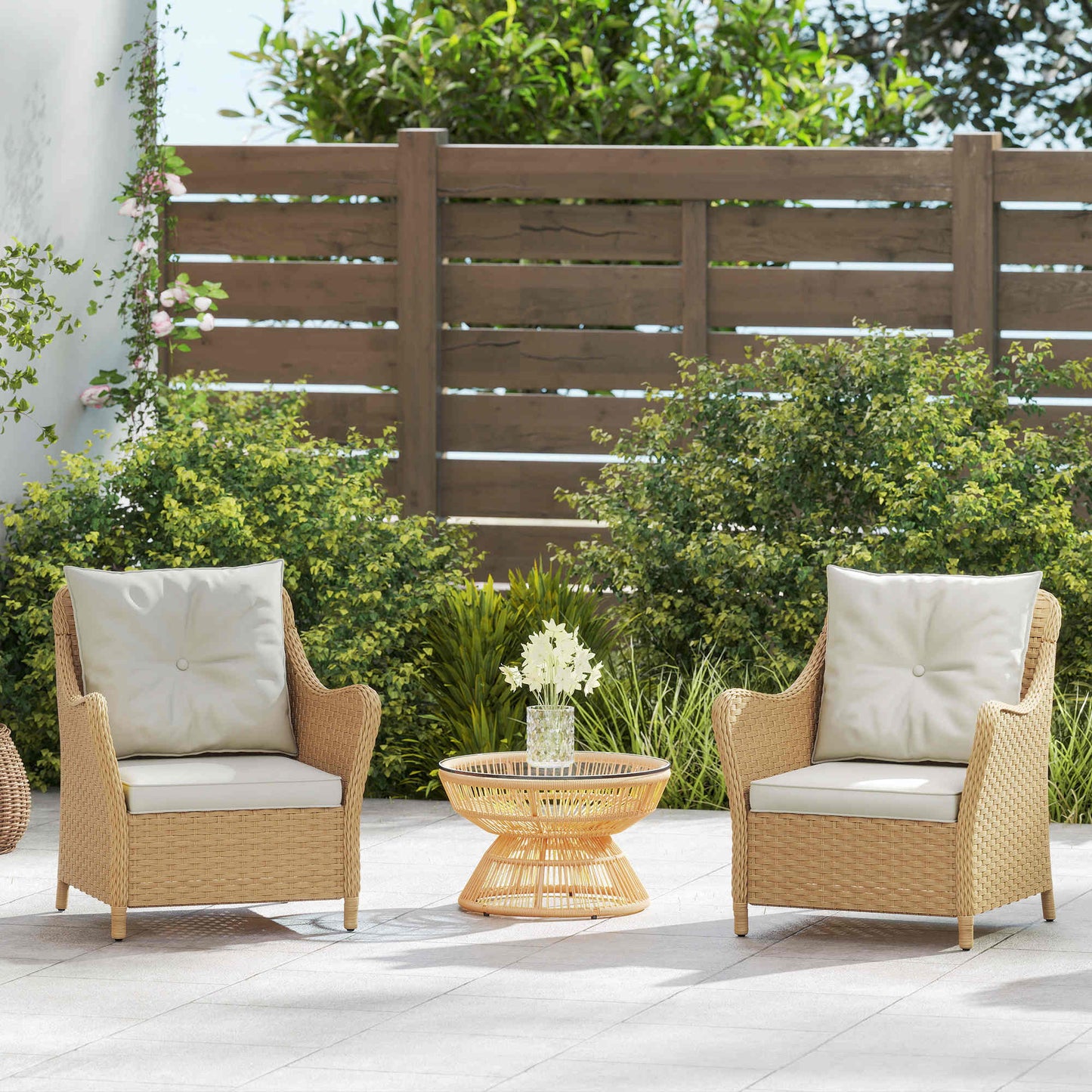 Rattan Garden Chairs Set of 2, Outdoor Rattan Chairs with Cushions