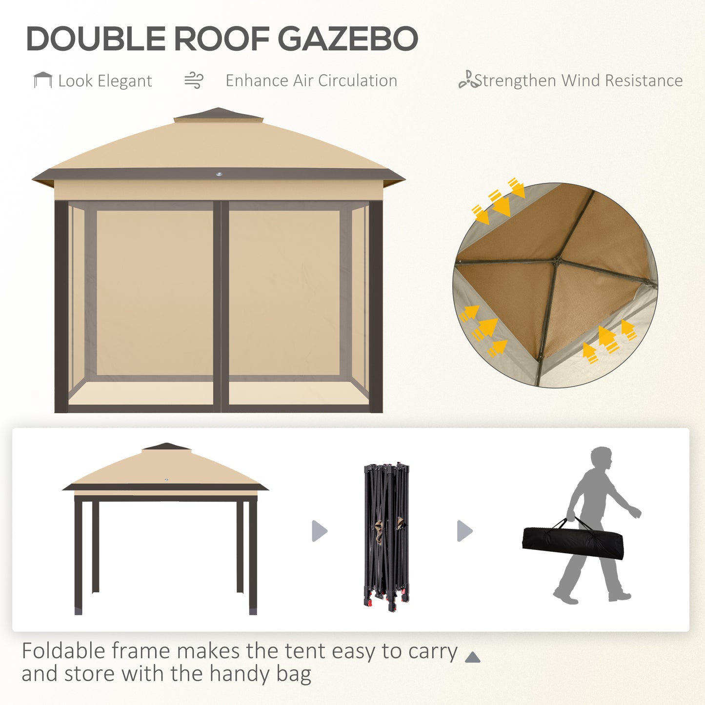 3.3 x 3.3m Pop Up Gazebo, Double Roof Foldable Canopy Tent