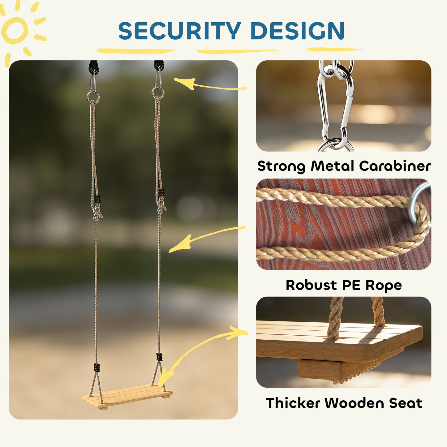 Wooden Swing Seat, Kids Swing Set with Adjustable Rope