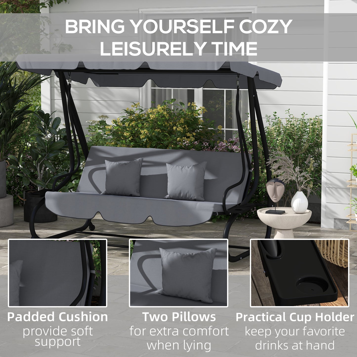 Three-Person garden Swing Chair, with Adjustable Canopy