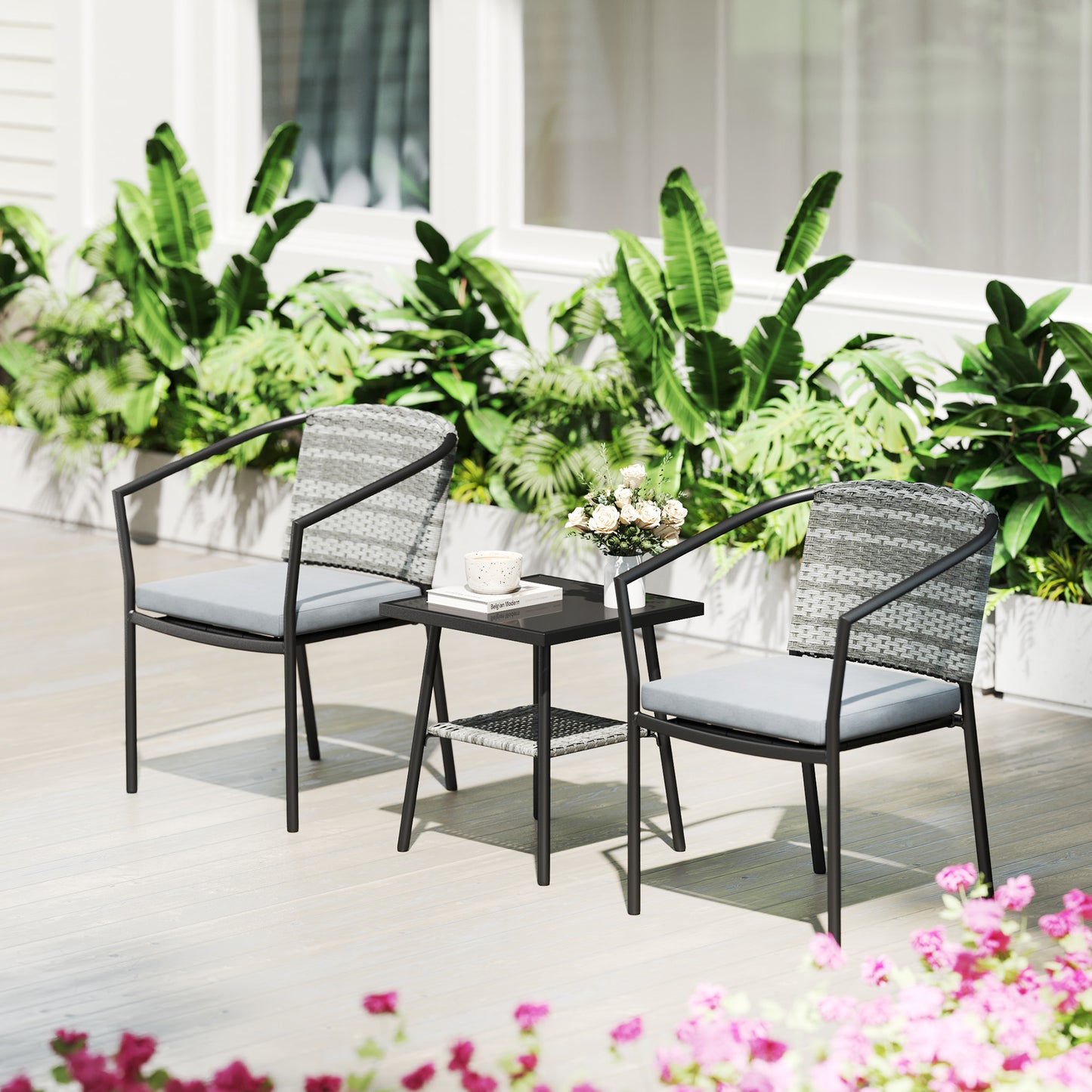 3 Pieces Rattan Bistro Set with Cushions