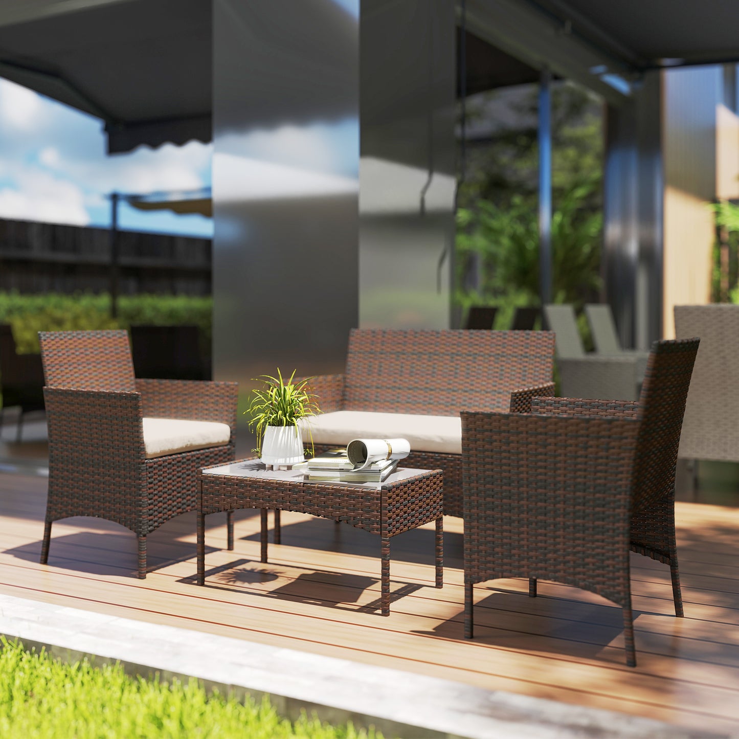 4 Piece Rattan Garden Furniture Sofa Set with Loveseat, Armchairs