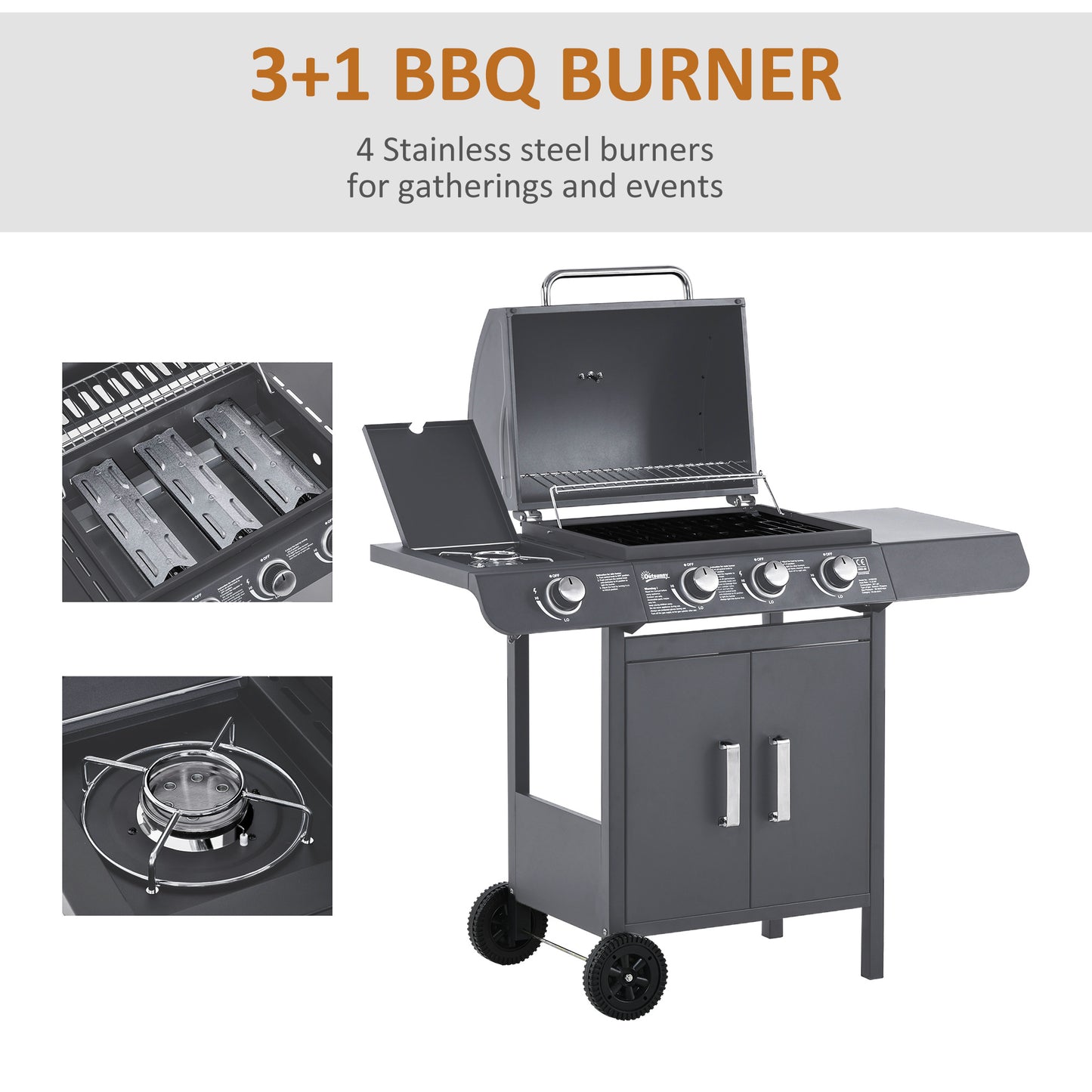 3+1 Burner Gas BBQ Grill, Outdoor Barbecue Trolley with Wheels