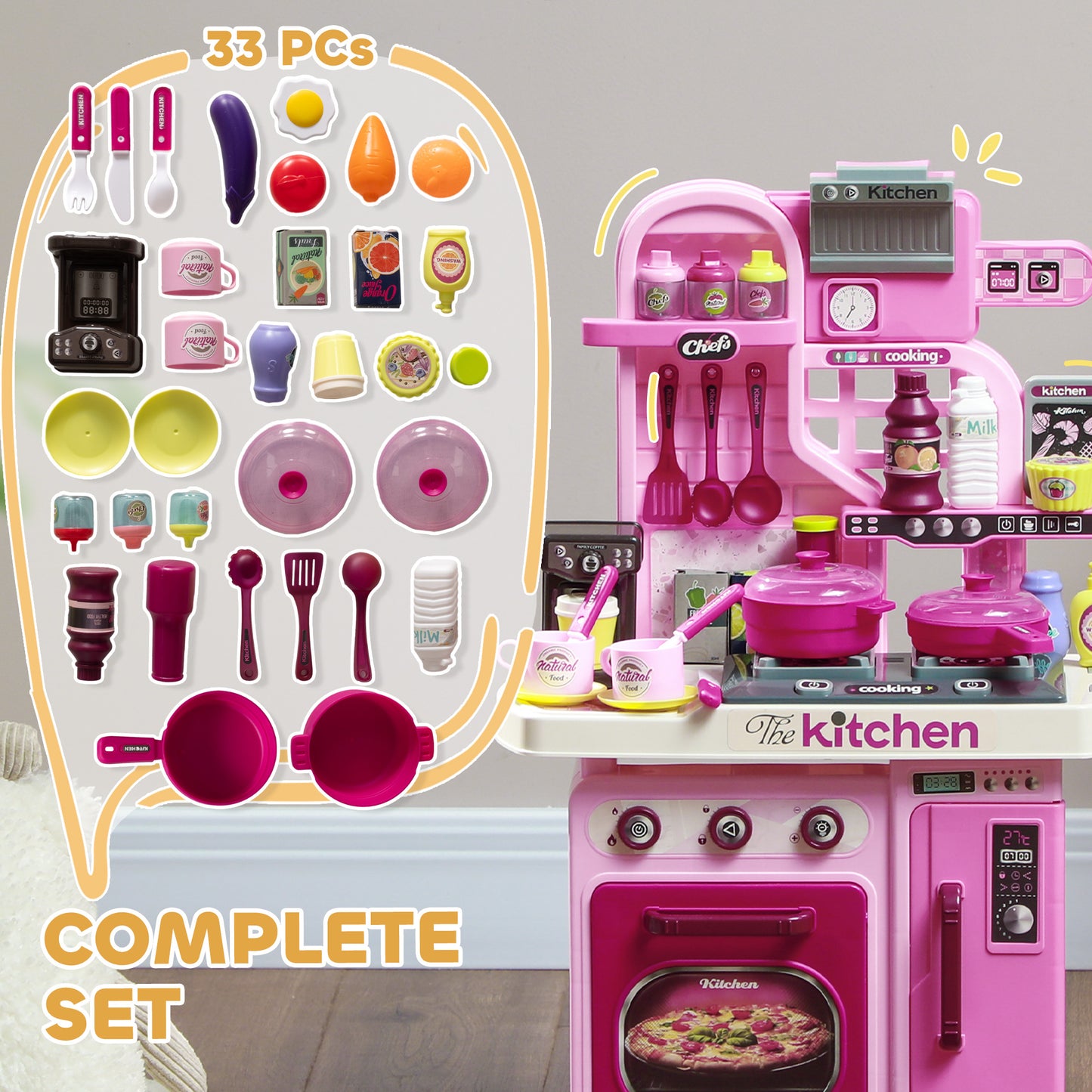 Kids Kitchen with 33 Pieces, Lights, Sounds, Storage
