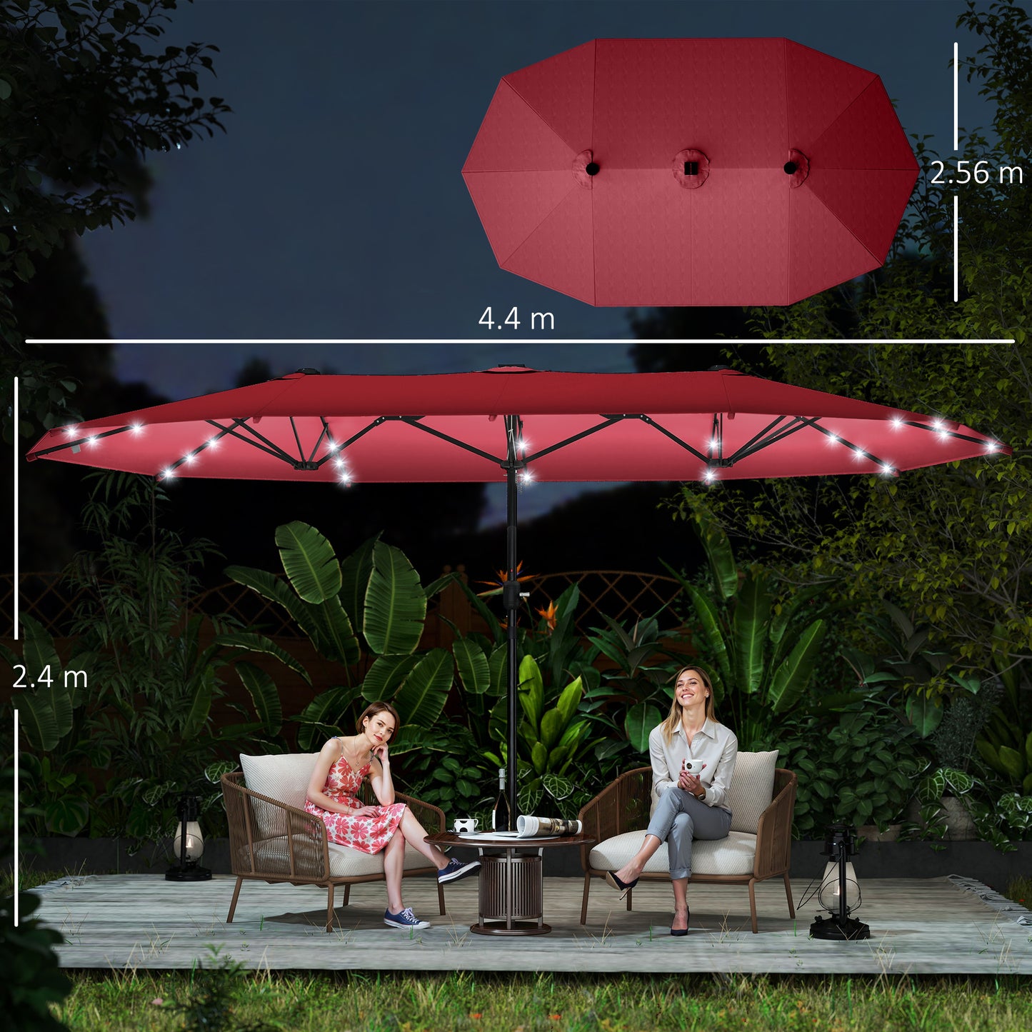4.4m Double-Sided Sun Umbrella Patio Parasol LED Solar Lights