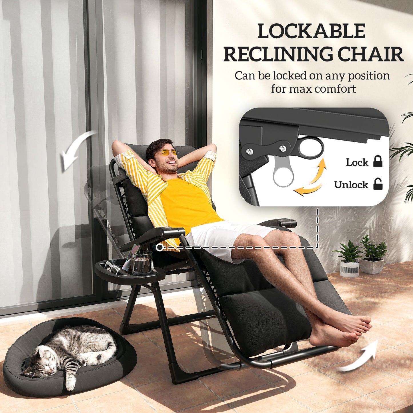 Set of Two Reclining Sun Loungers, with Cushion