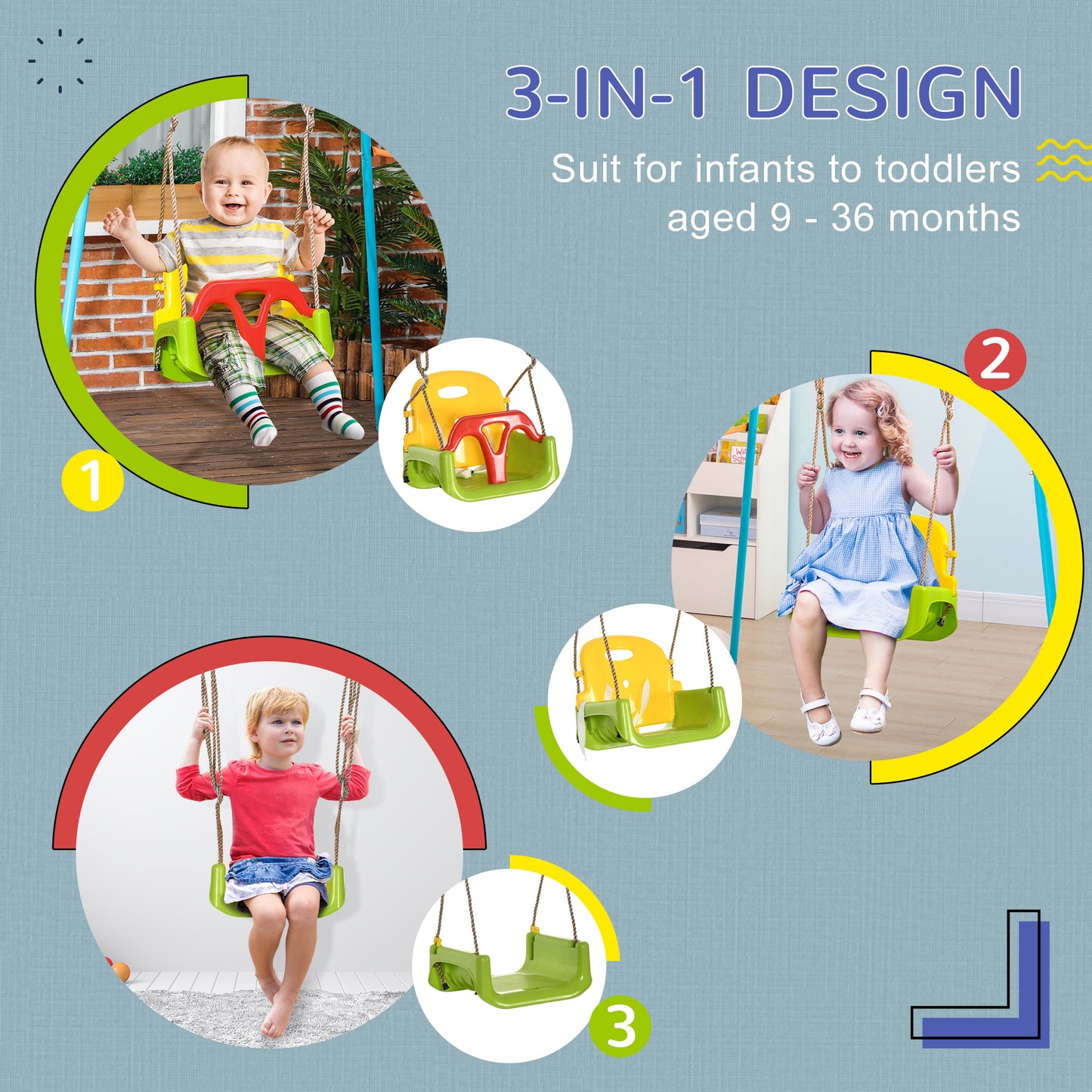 3 in 1 Detachable Kids Swing Seat with Safety Belt