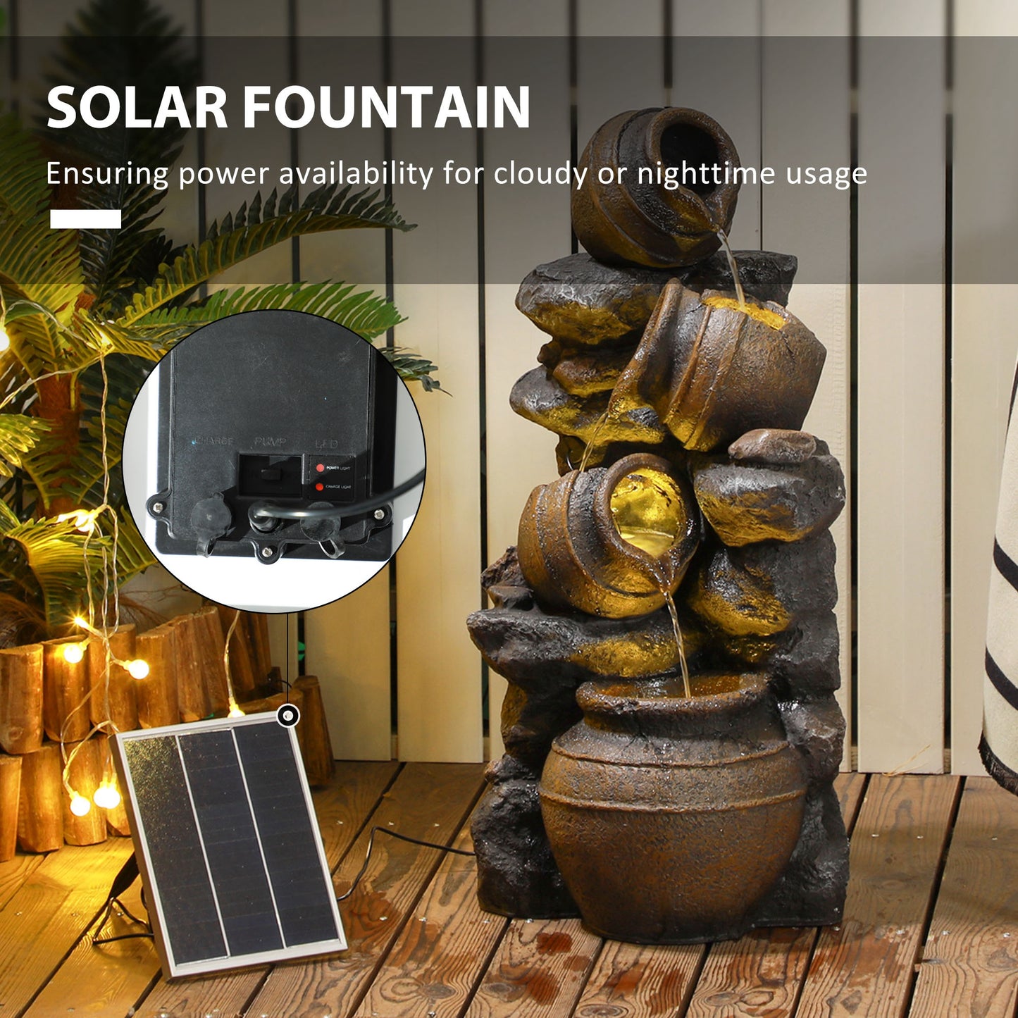 Solar Powered Garden Water Feature with LED Lights and Pump