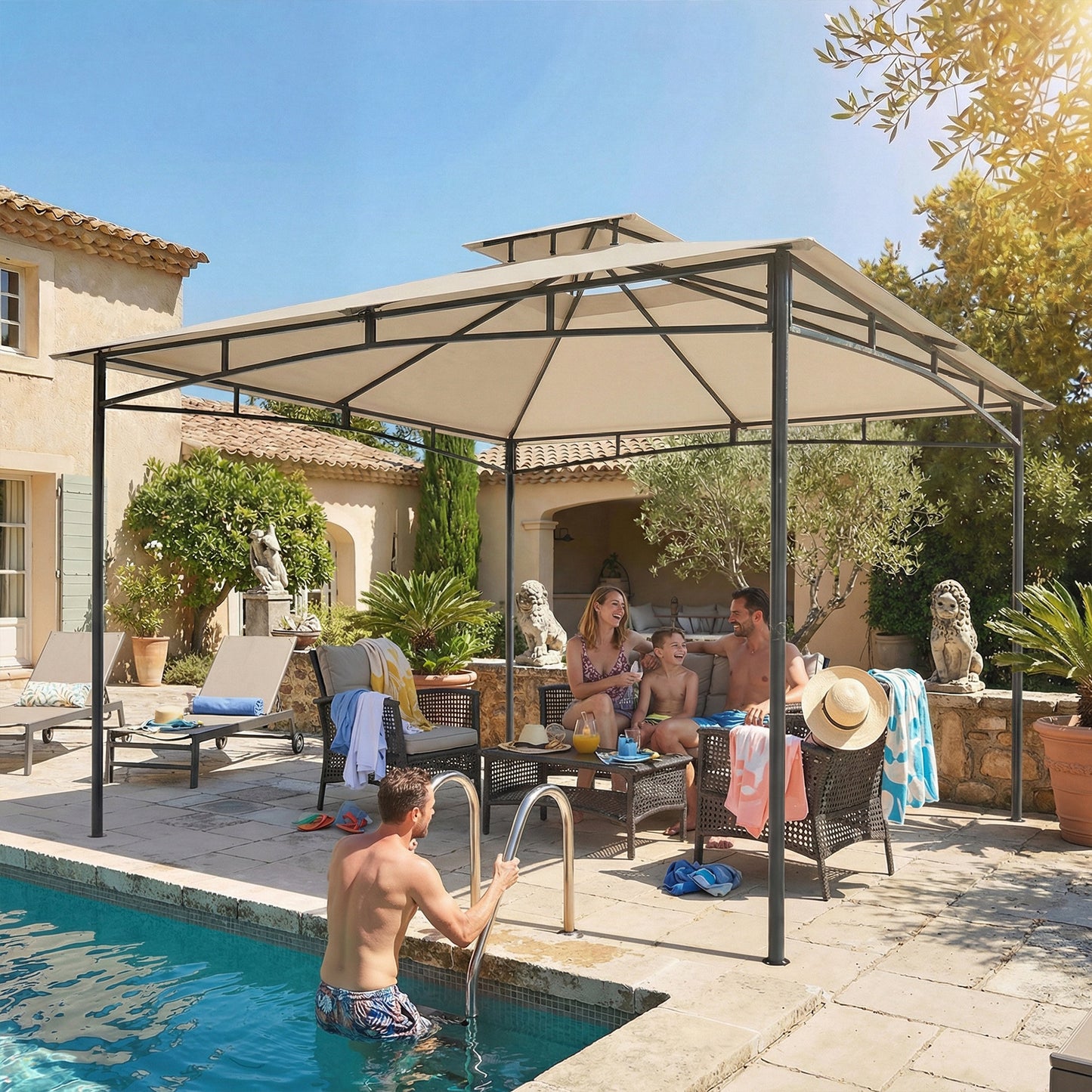 3 x 3 m Gazebo, Garden Gazebo with 2-Tier Roof, Metal Frame