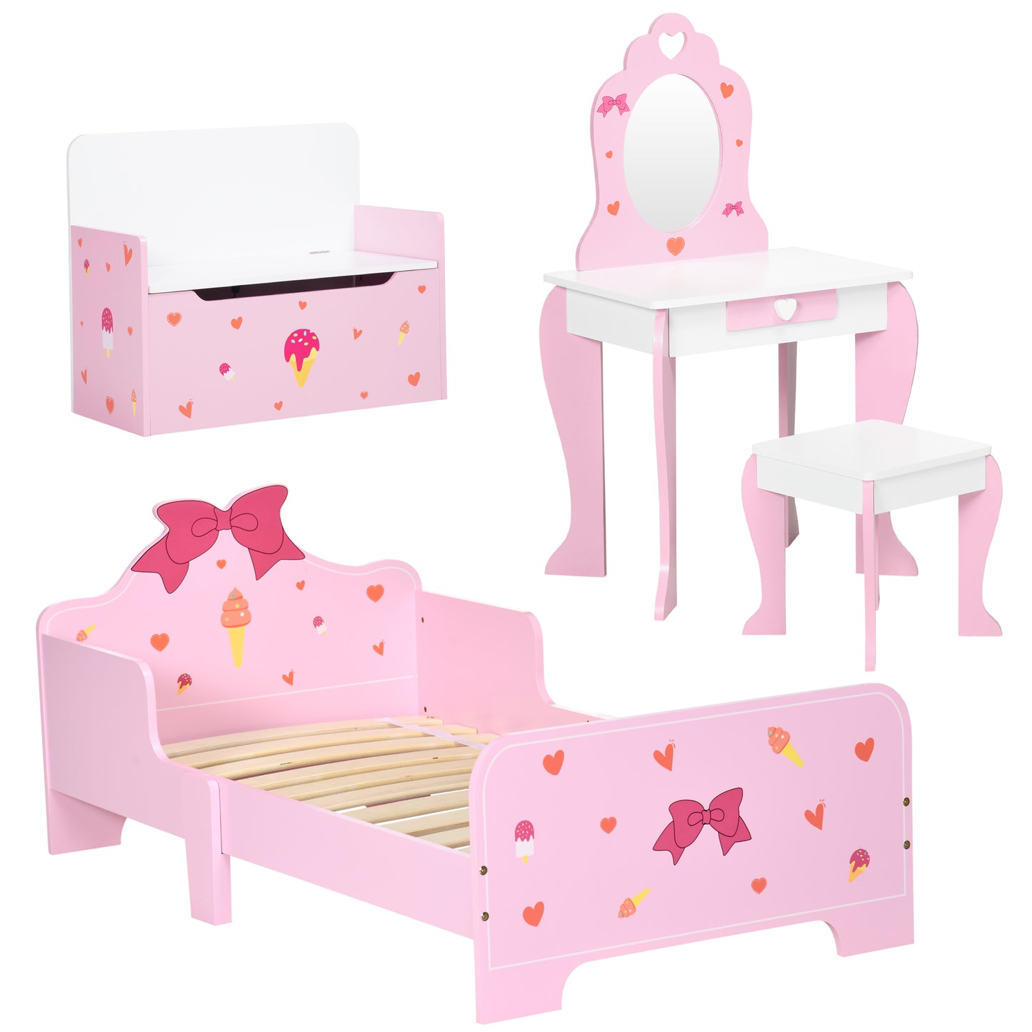 4PCs Kids Bedroom Furniture Set with Bed, Toy Box Bench