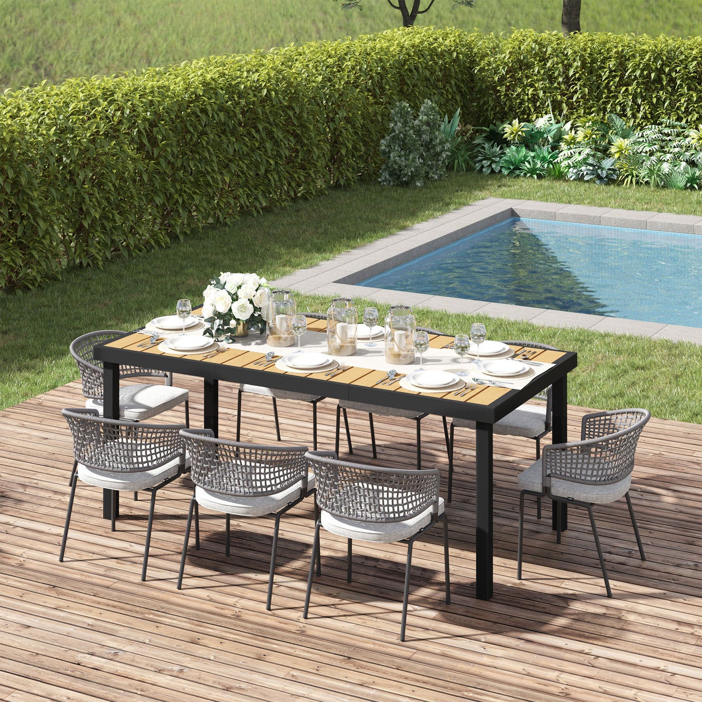 Aluminium Outdoor Garden Dining Table for 8 People, Faux Wood Top