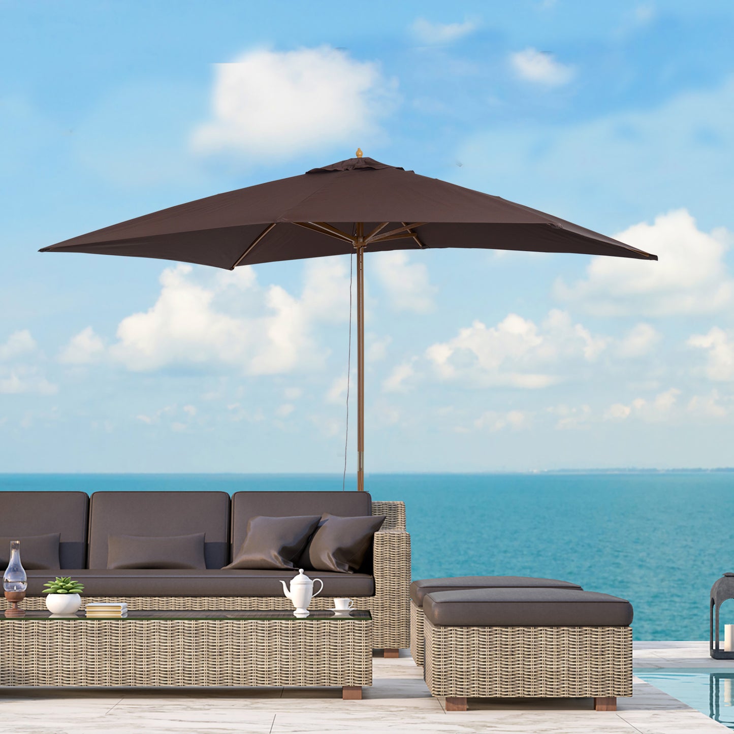 2 x 3m Wooden Garden Parasol Umbrella Outdoor Sun Shade Canopy, Dark