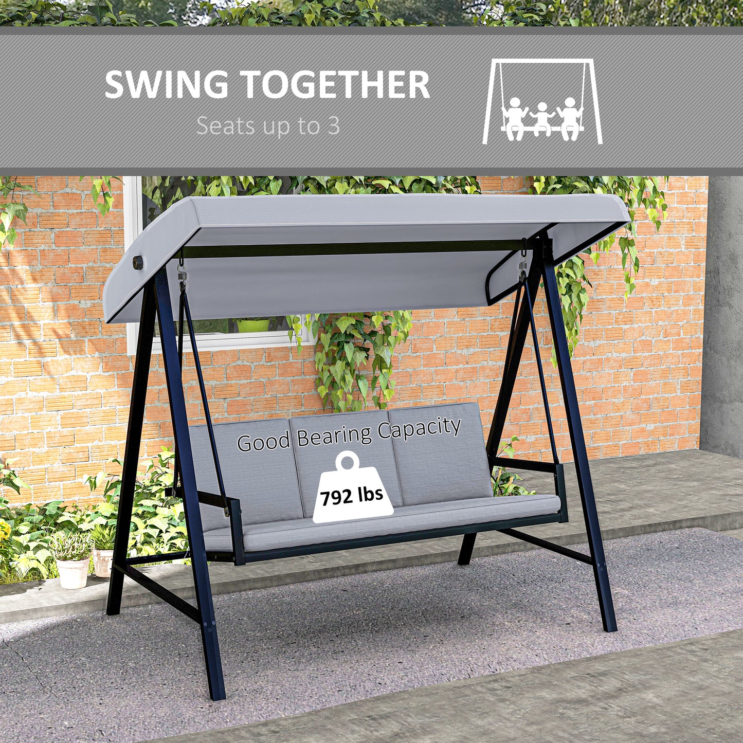 Three-Seat Garden Swing Chair, with Adjustable Canopy