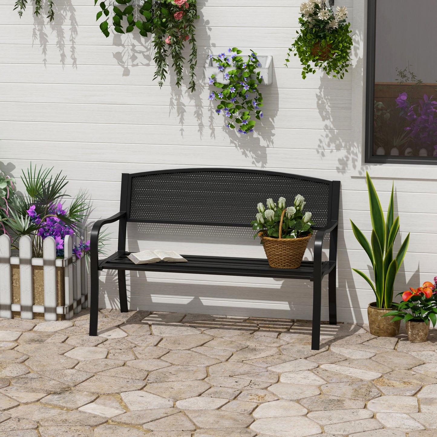 Garden Bench Furniture Patio Park 2 Person Chair Seat Steel Black