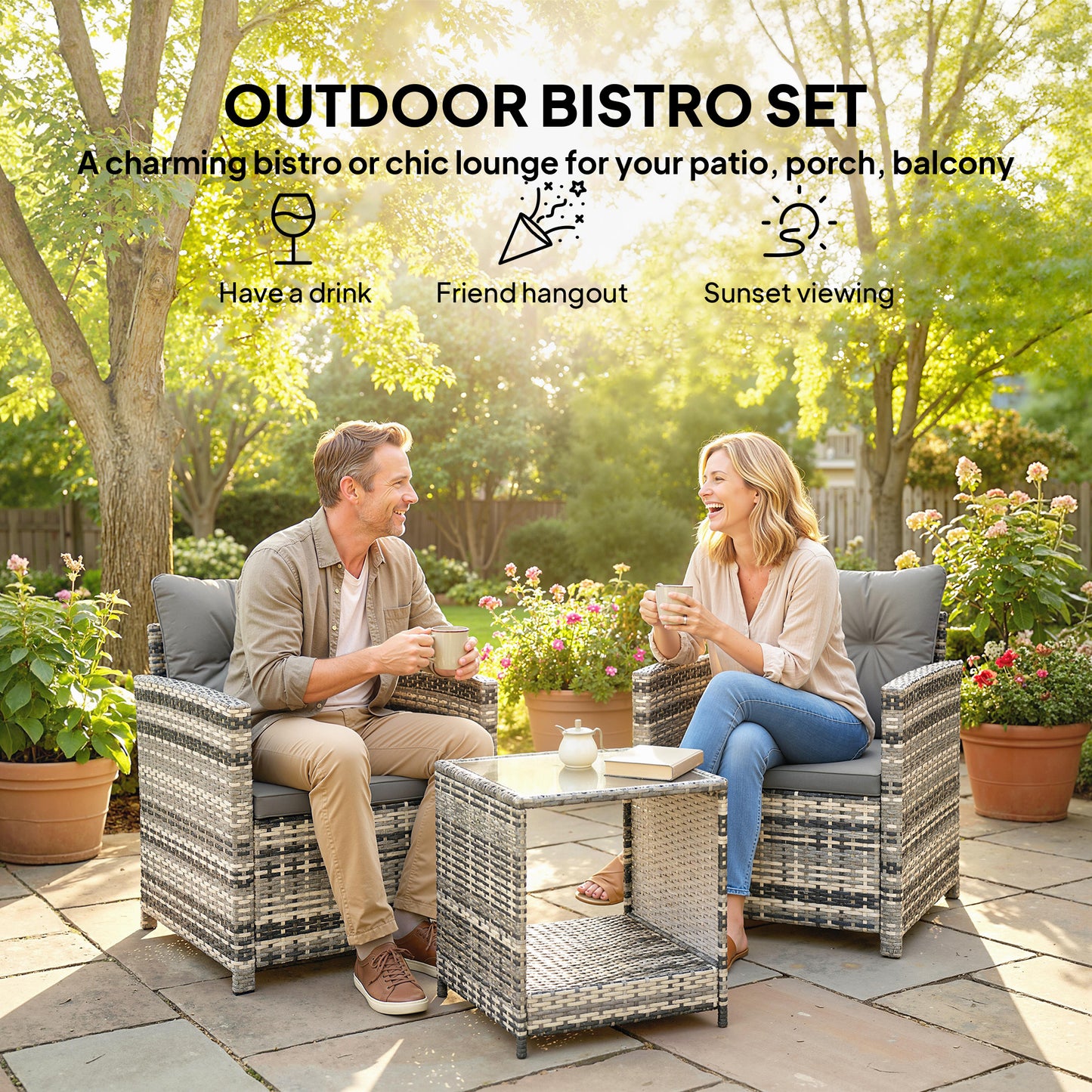 Rattan Bistro Set, 3 Piece Garden Furniture Set