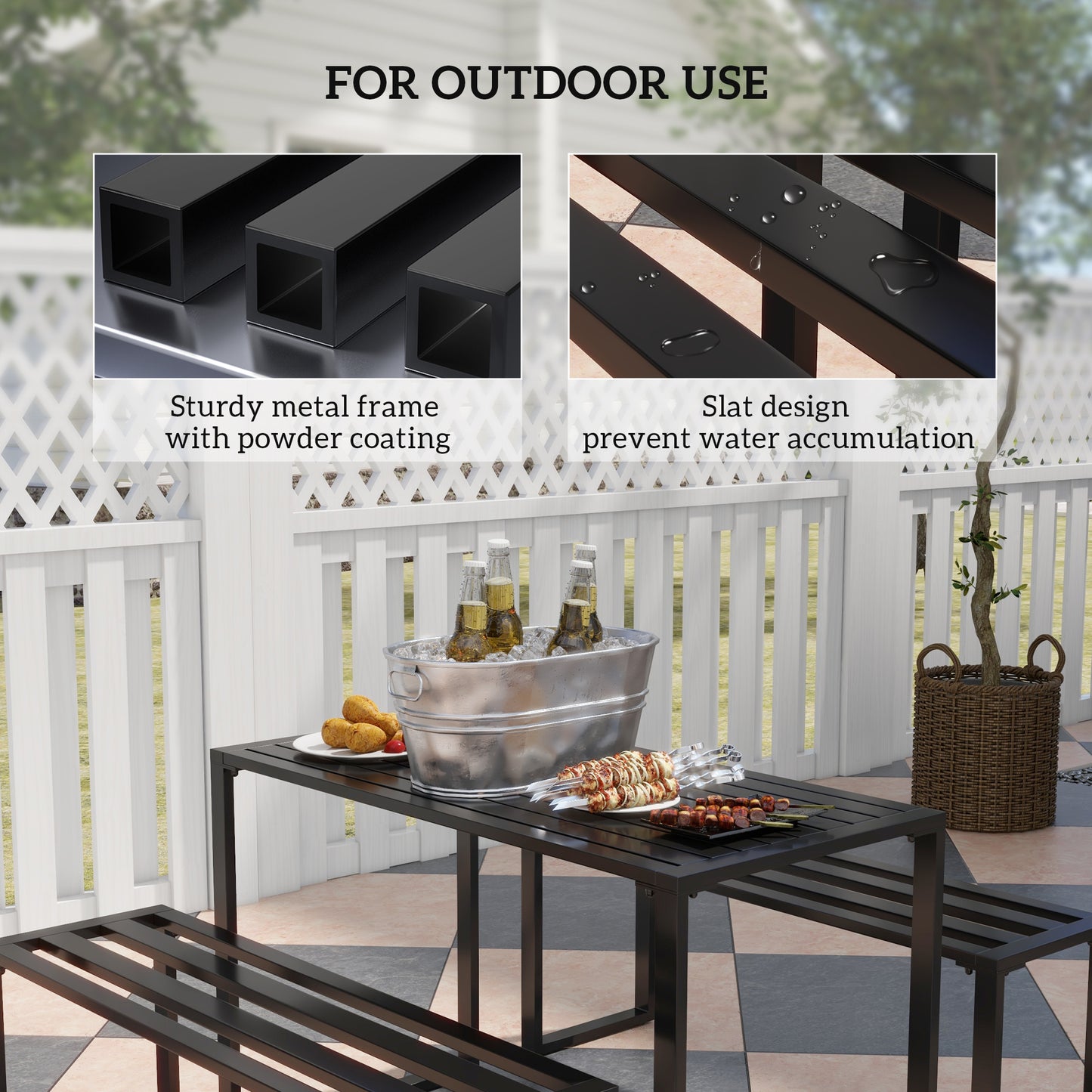 3 Pieces Picnic Bench Set with Table and 2 Benches