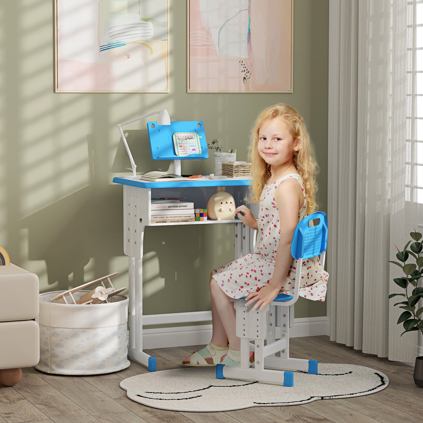 Kids Adjustable Desk and Chair Set, Book Stand, Pen Slot