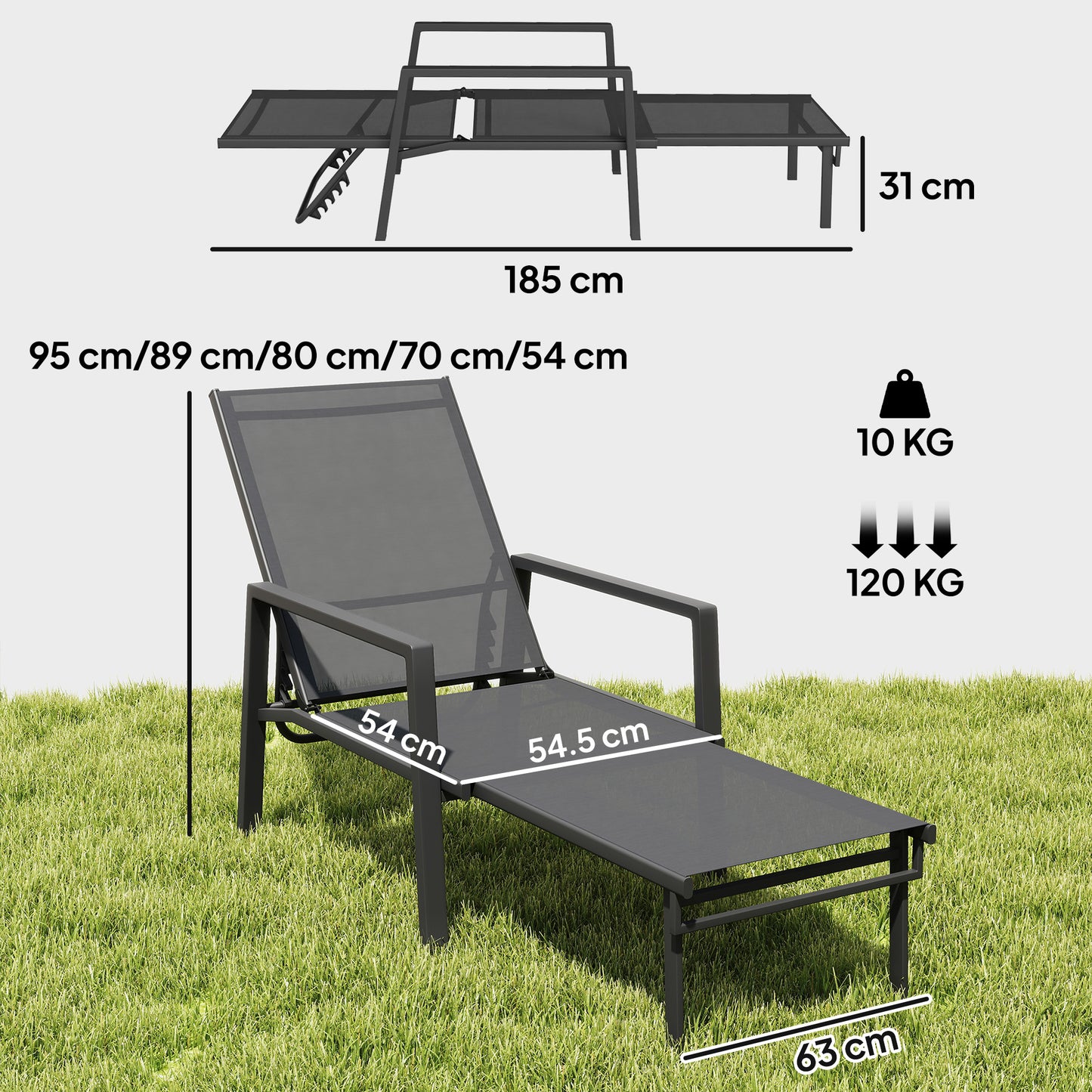 Sun Lounger Retracable Footrest 5-Position Adjustable Steel Frame