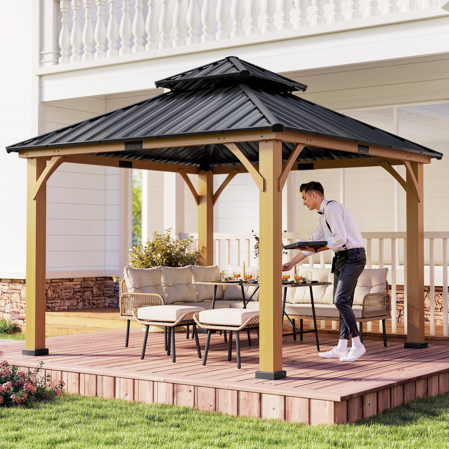 3.5 x 3.5m Outdoor Hardtop Gazebo Canopy with Two-tier Metal Roof