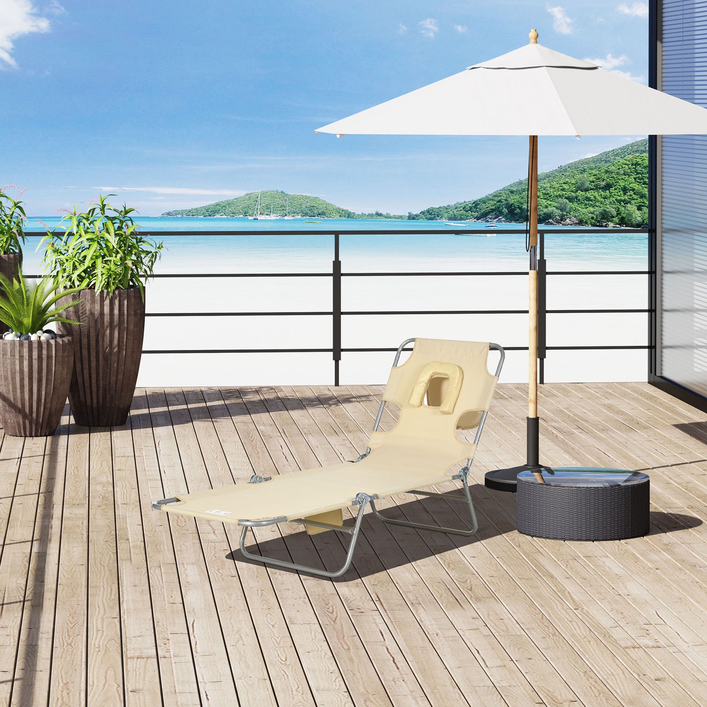 Foldable Sun Lounger, Beach Chaise Lounge with Reading Hole