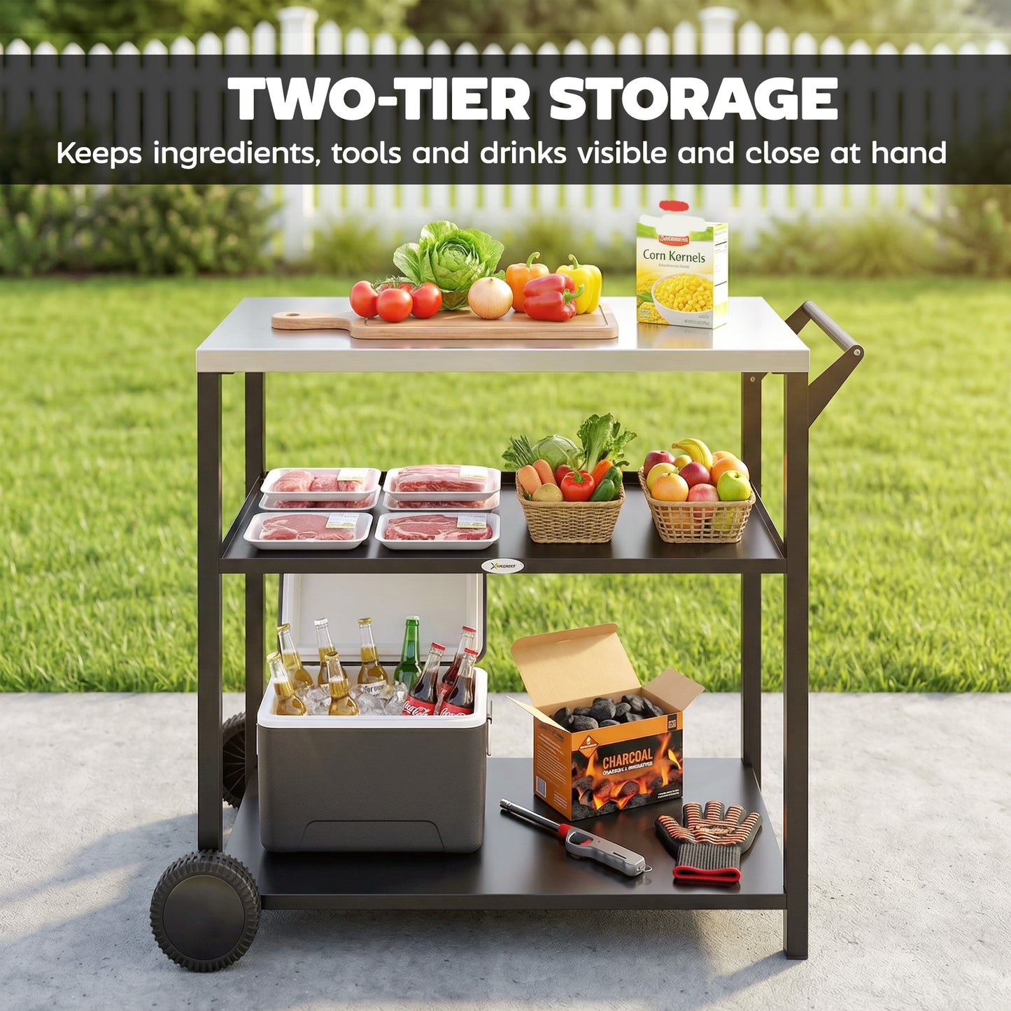 Outdoor Grill Cart with Stainless Steel Tabletop for Kitchen Prep