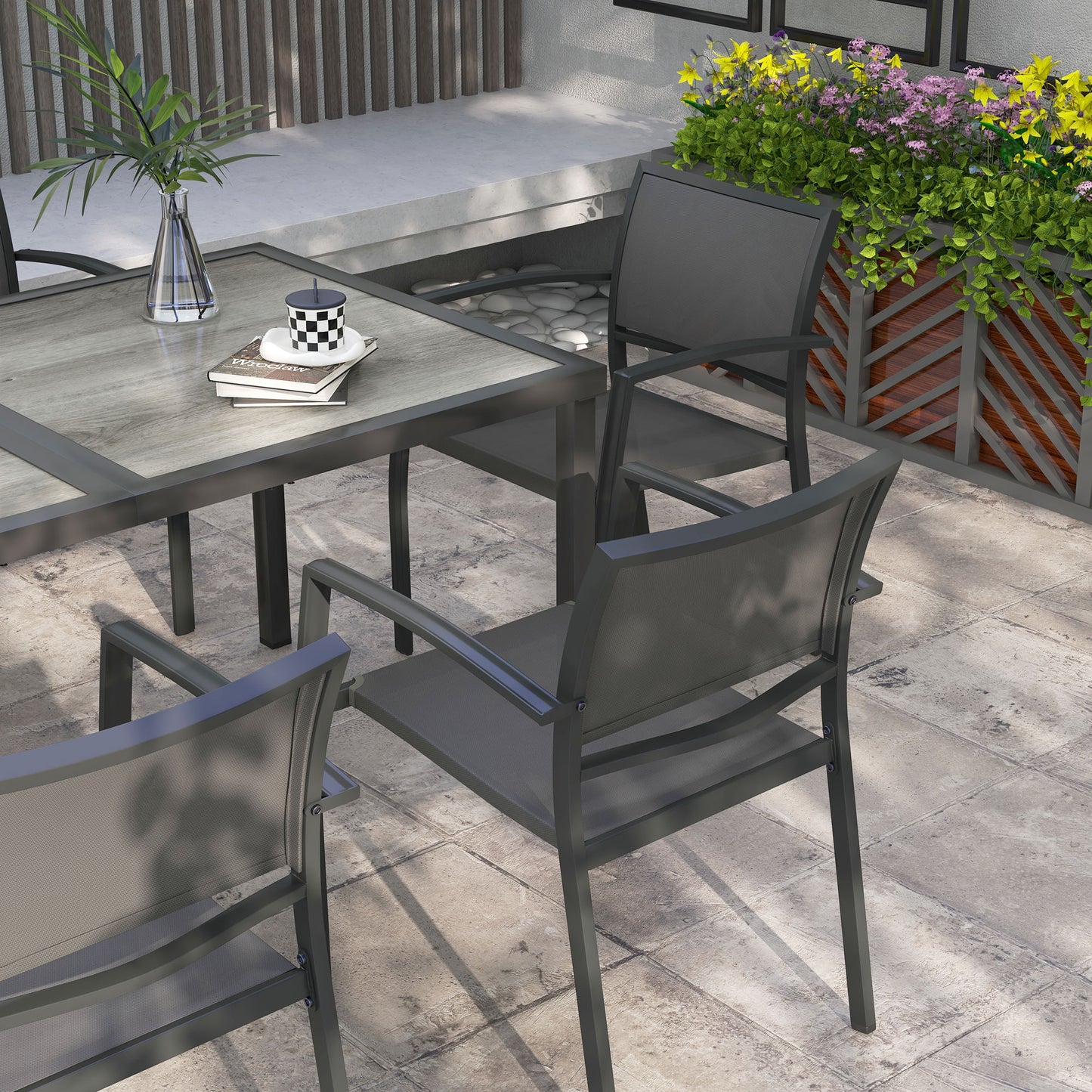Seven-Piece Casual Outdoor Dining Set, with Wood-Effect Table